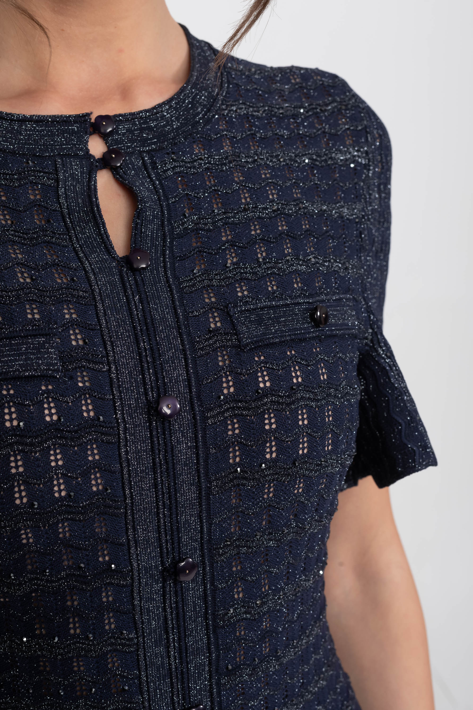 Abito midi a maniche corte con tessuto a maglia scintillante - Navy
