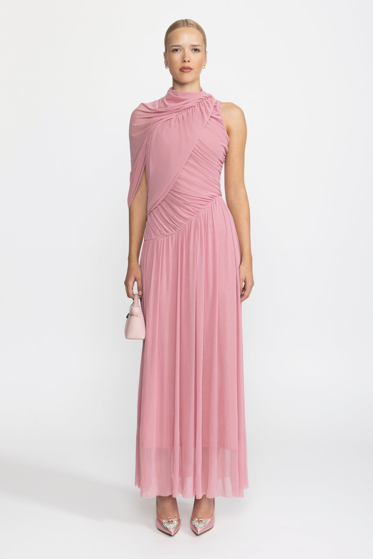 Abito lungo in mesh con scollo drappeggiato a sciarpa - Rosa