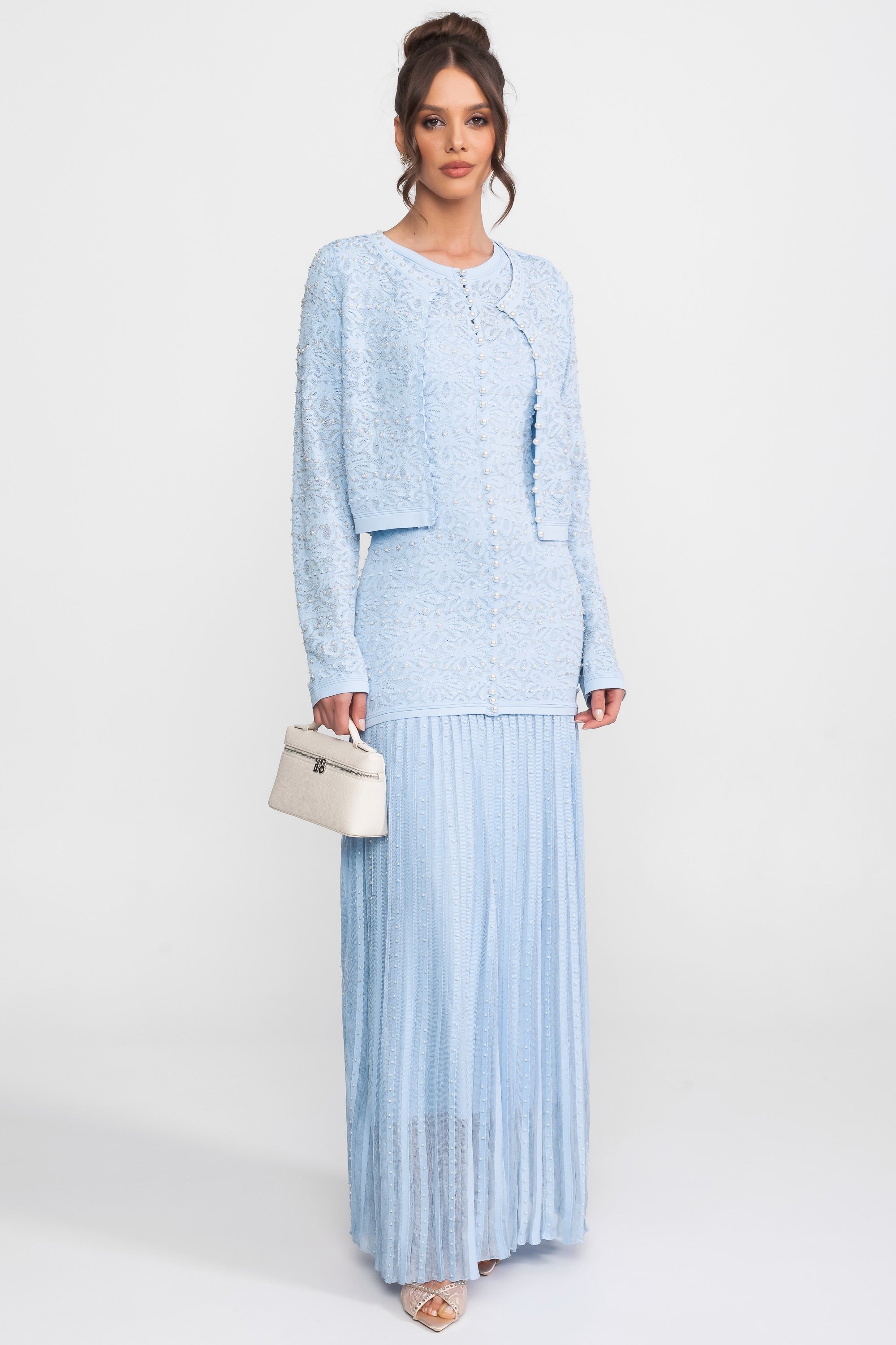 Top a Manica Lunga Decorato con Chiusura a Bottoni di Perla - Blue
