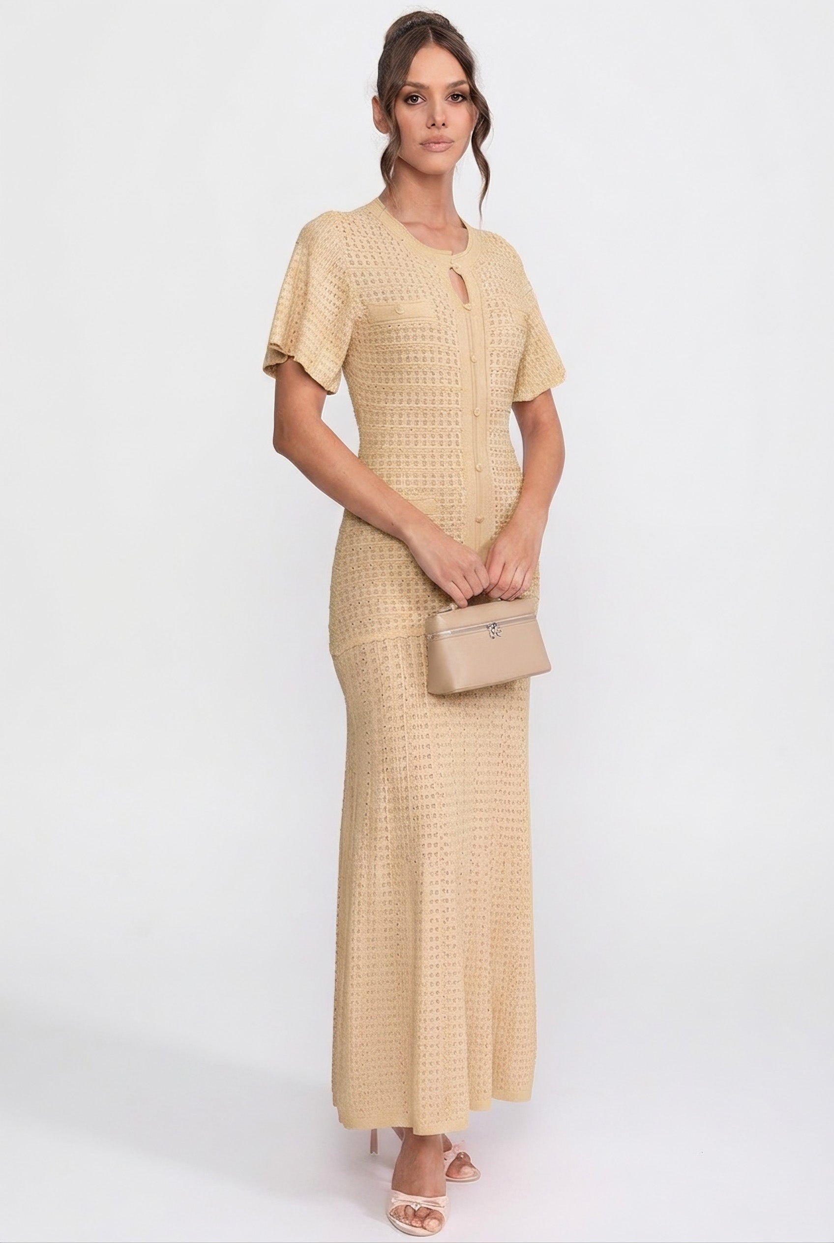 Abito midi a maniche corte con texture in maglia shimmer - Beige