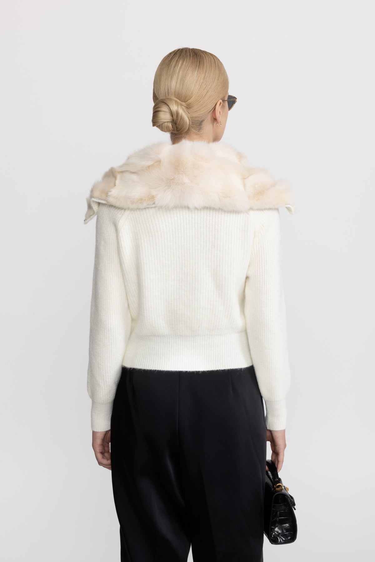 Cardigan in maglia con pannello in pelliccia di coniglio e zip - Ivoire