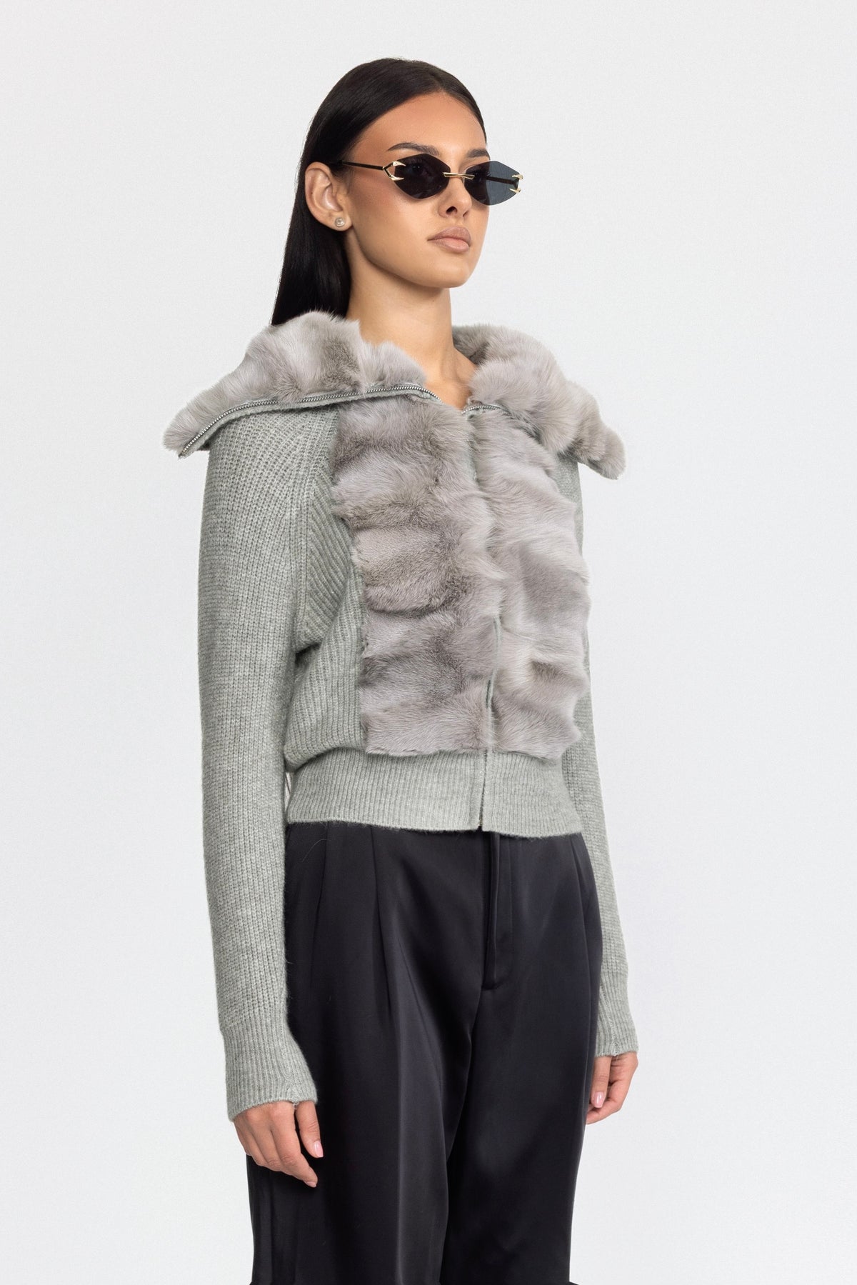 Cardigan in maglia con pannello in pelliccia di coniglio e zip - Grigio