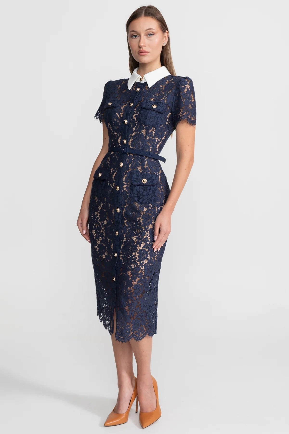 Abito Midi in Pizzo Floreale con Colletto Sartoriale e Vita con Cintura - Navy