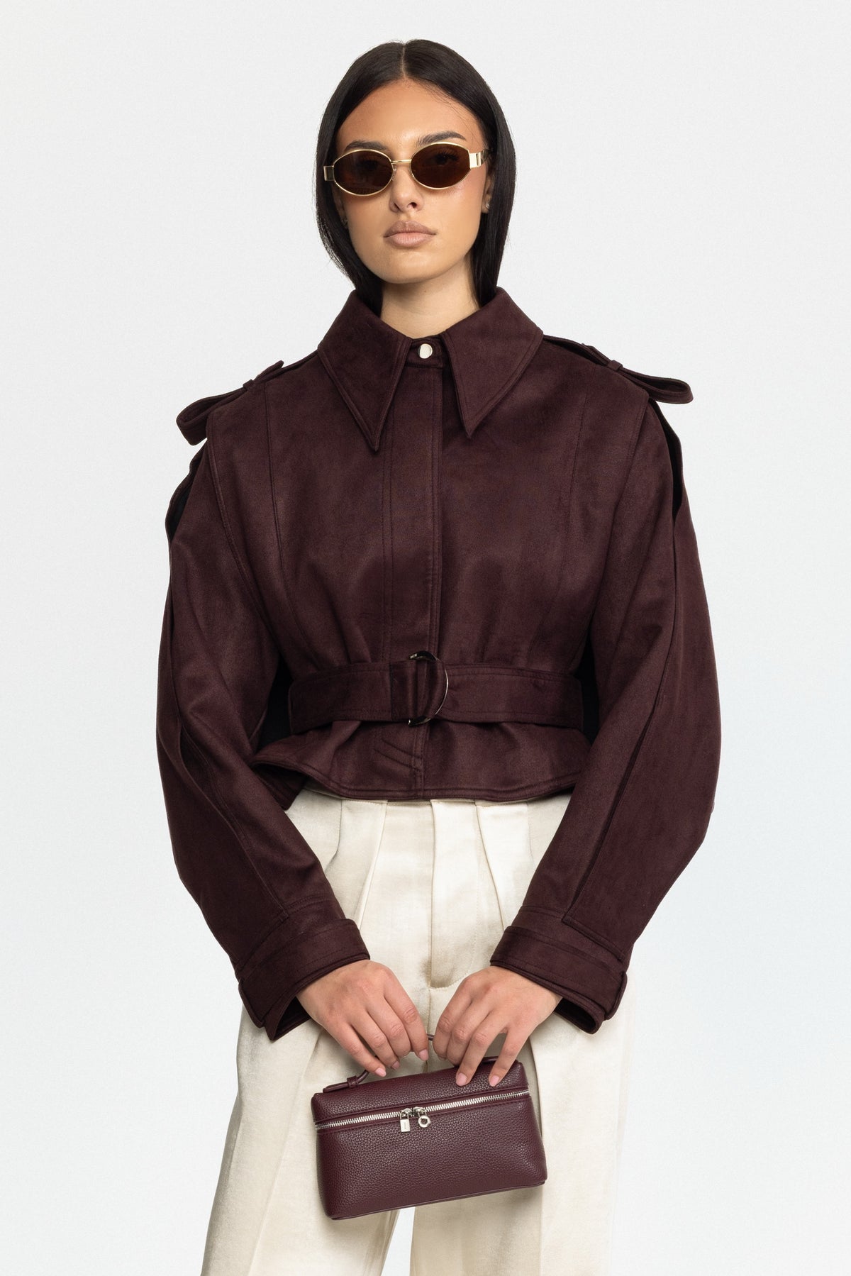 Giacca mantella in suede con cintura - Burgundy