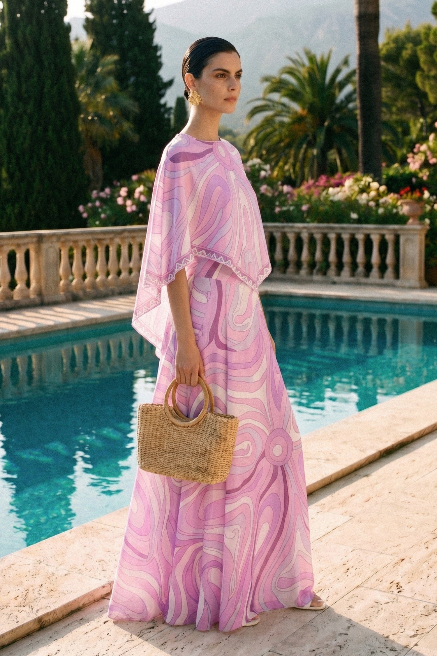 Set coordinato con top a mantella stampato e gonna maxi - Rosa