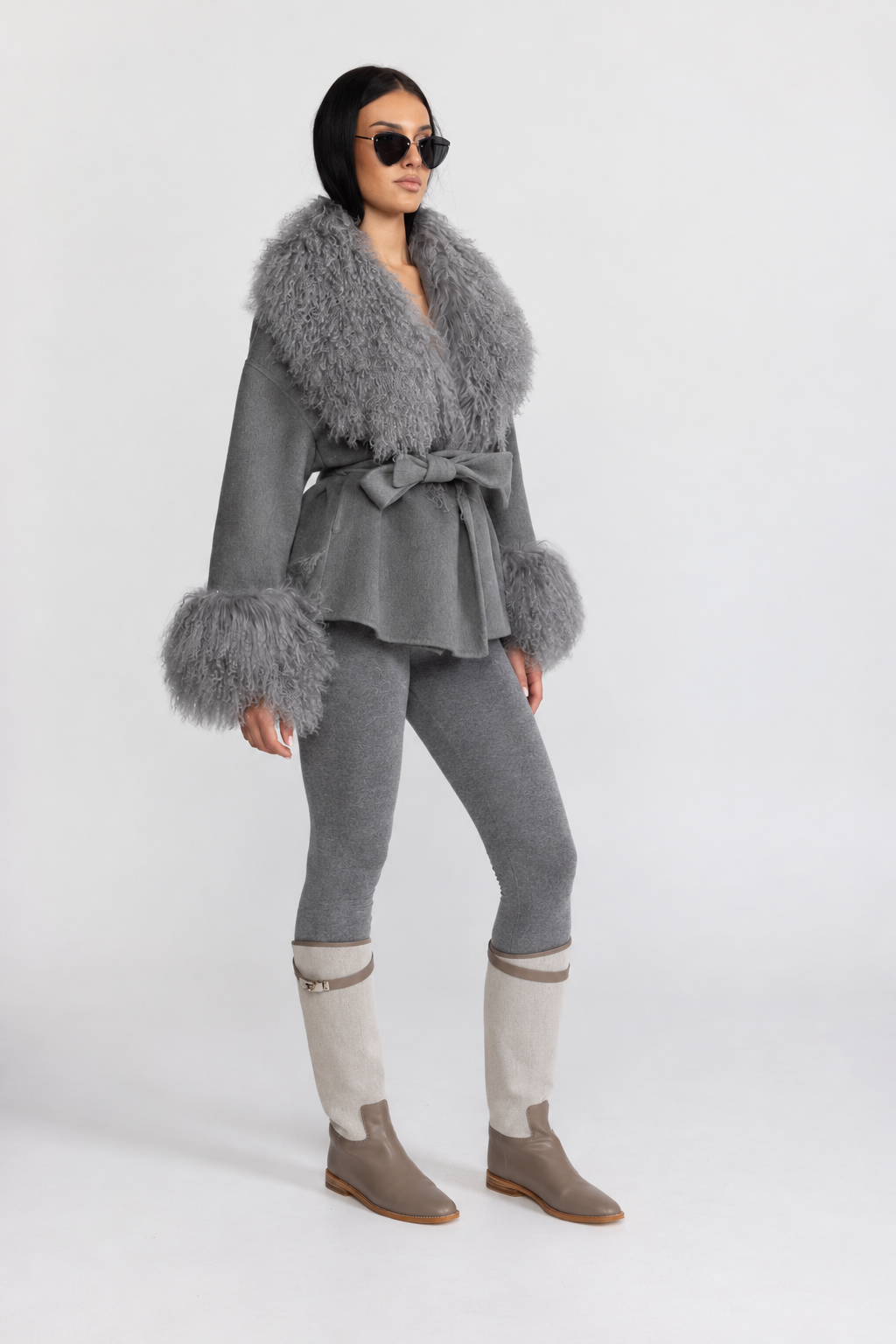 Belted Wool Jacket with Curly Fur-Effect Collar and Cuffs - Grey