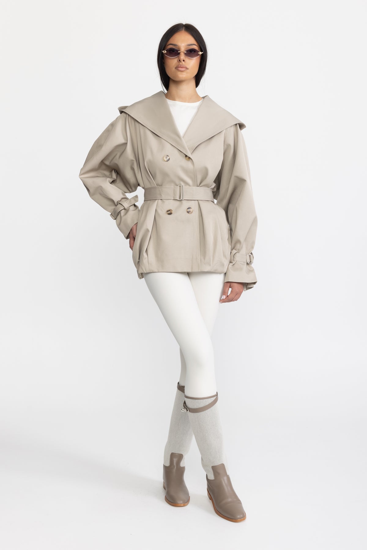 Trench jacket doppiopetto con cappuccio e cintura - Stone