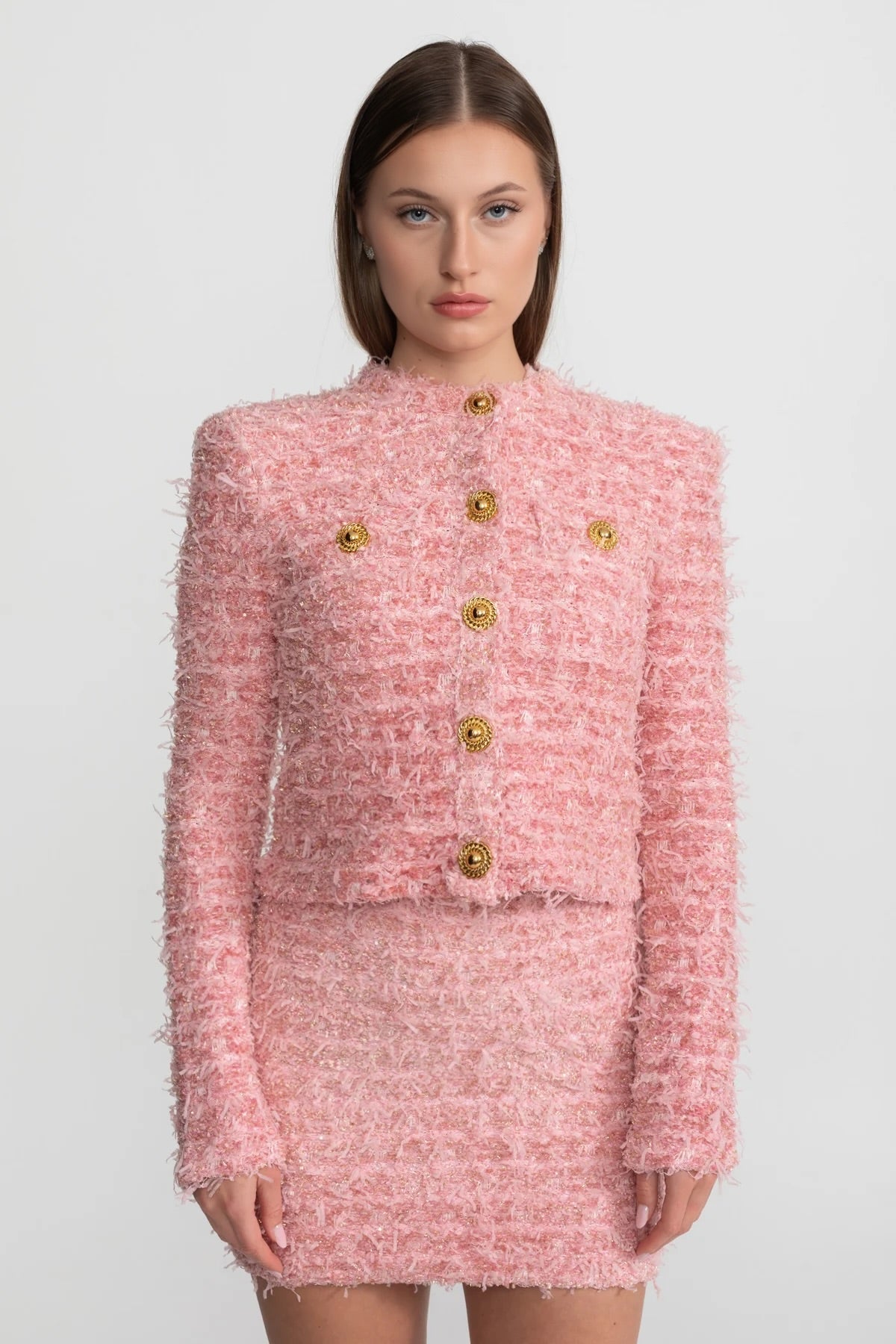 Textured Tweed Mini Dress With Gold Button Embellishments – Pink