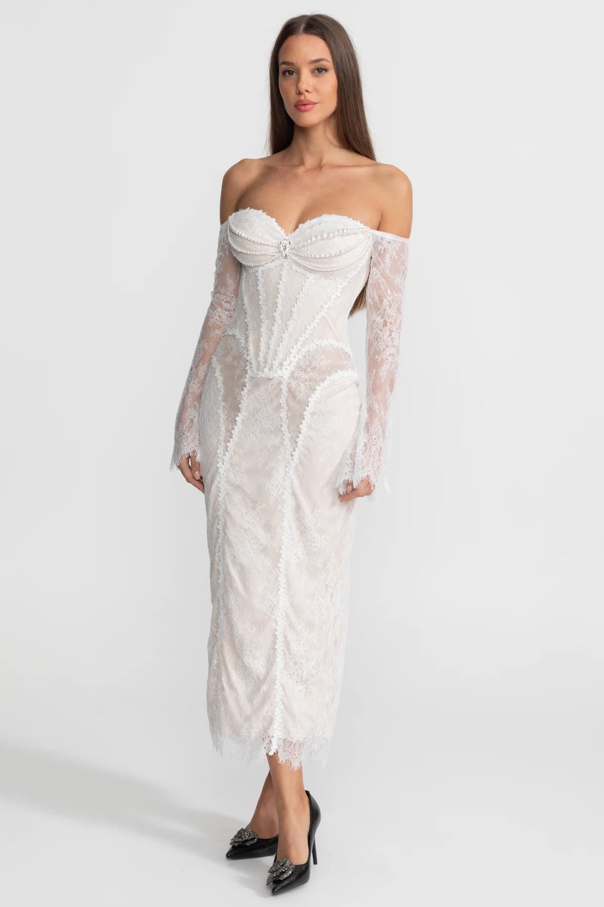 Off-Shoulder Lace Midi Dress with Pearl-Trimmed Bustier - Ivoire