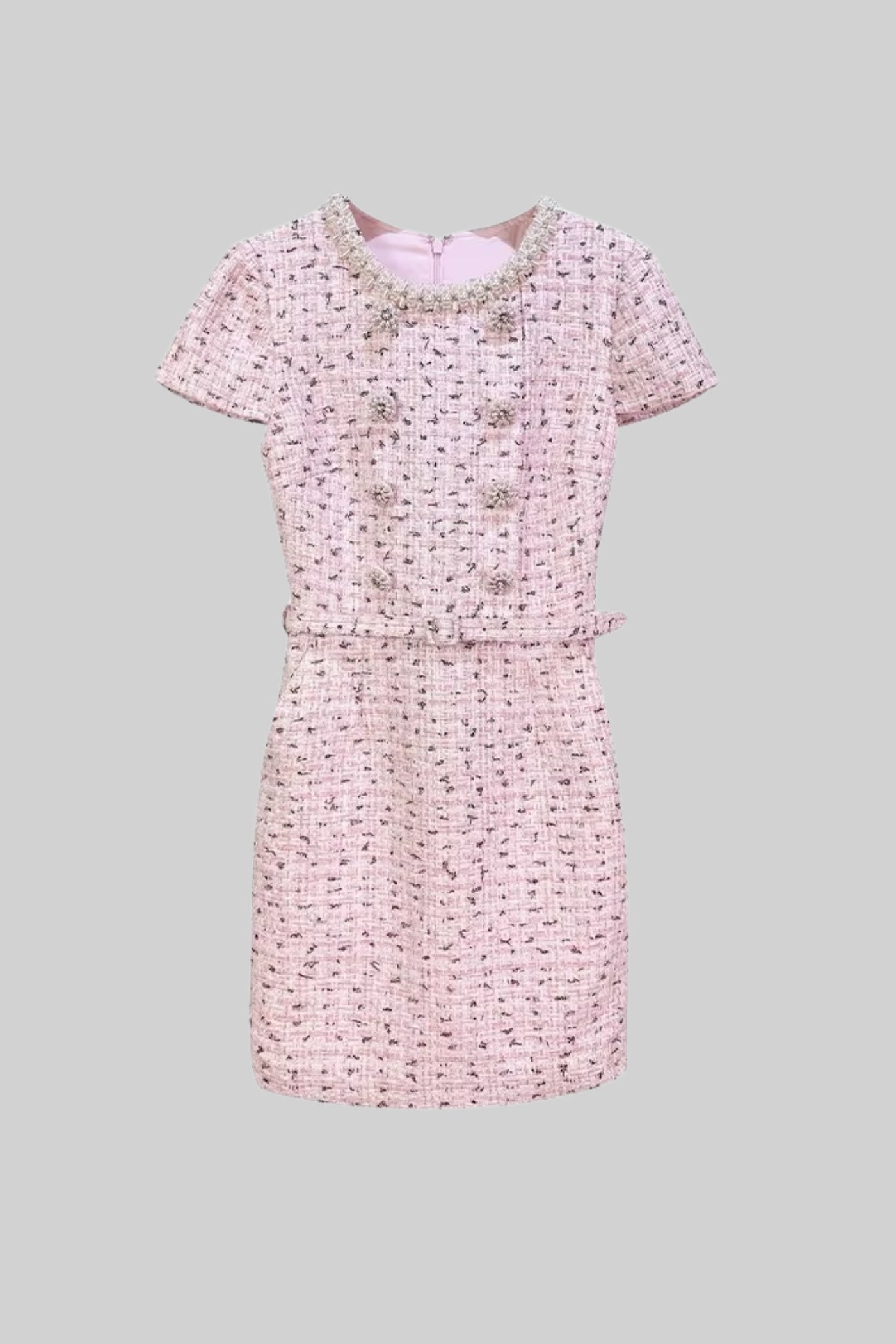 Elegant Textured Mini Dress With Short Sleeves And Matching Belt - Pink