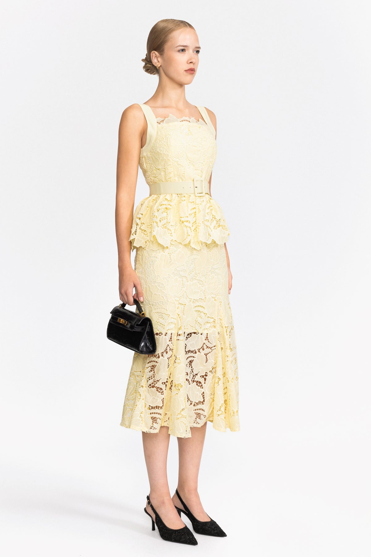 Set top peplo e gonna midi in pizzo guipure - Giallo