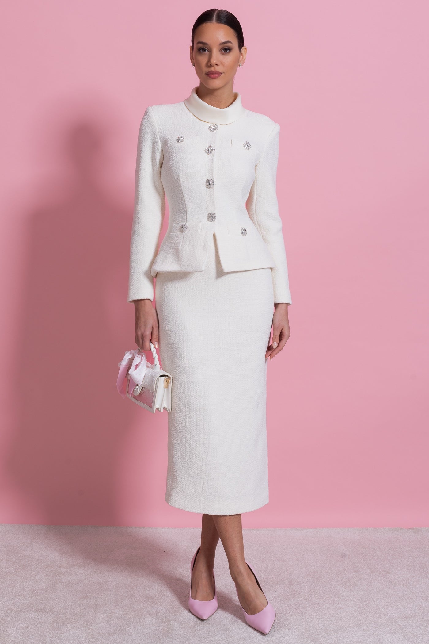 Textured Midi Dress With High Neck Jacket And Crystal Button Detail - White