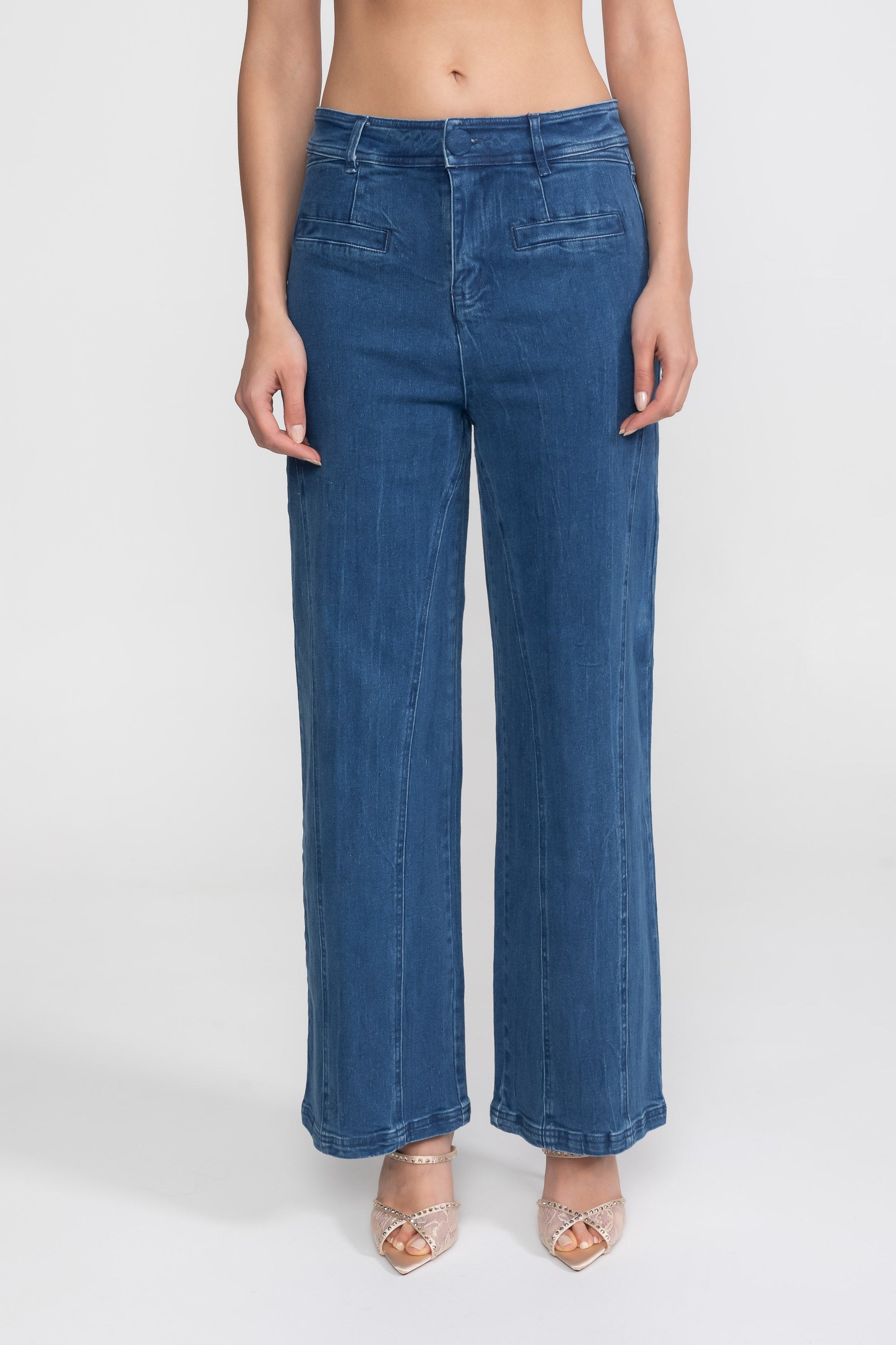 Jeans wide-leg a vita alta con tasche applicate - Blu