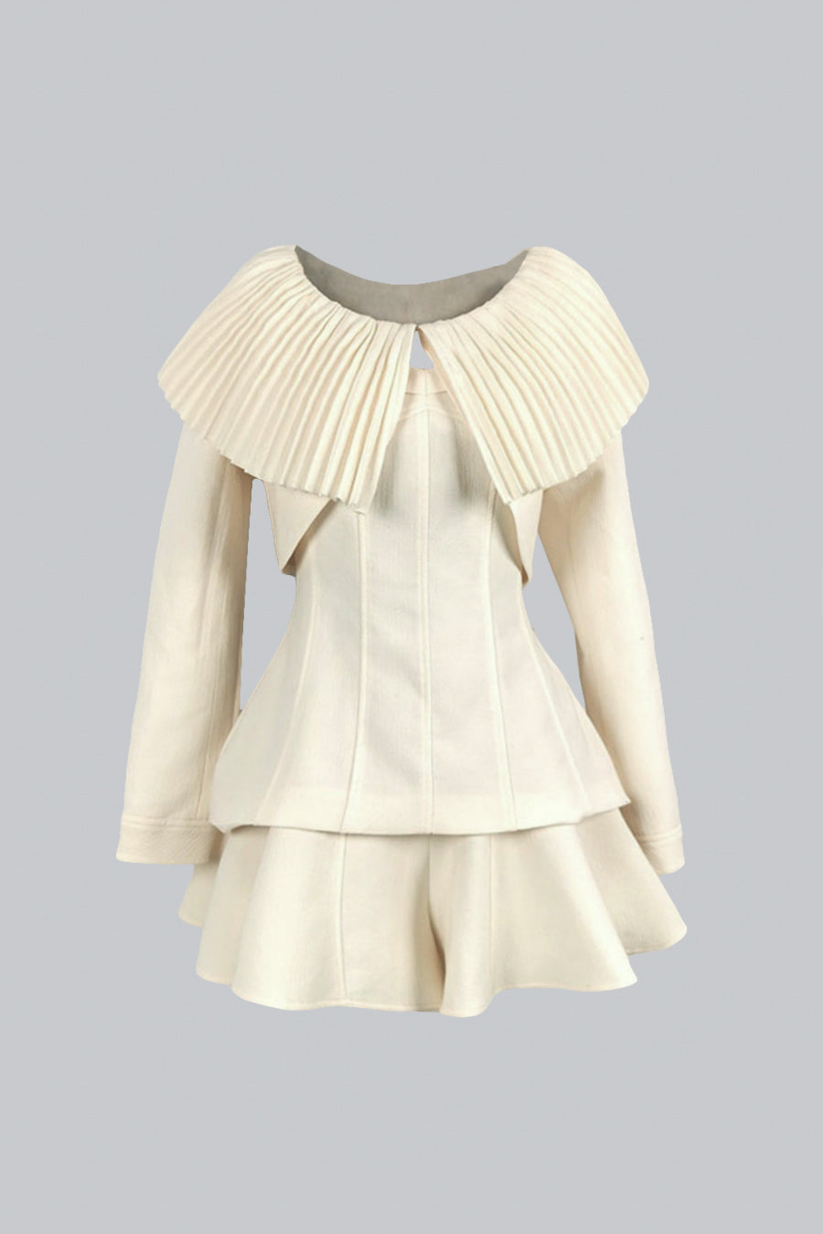 Elegante abito 3 pezzi con colletto e gonna plissettati e staccabili - Ivoire