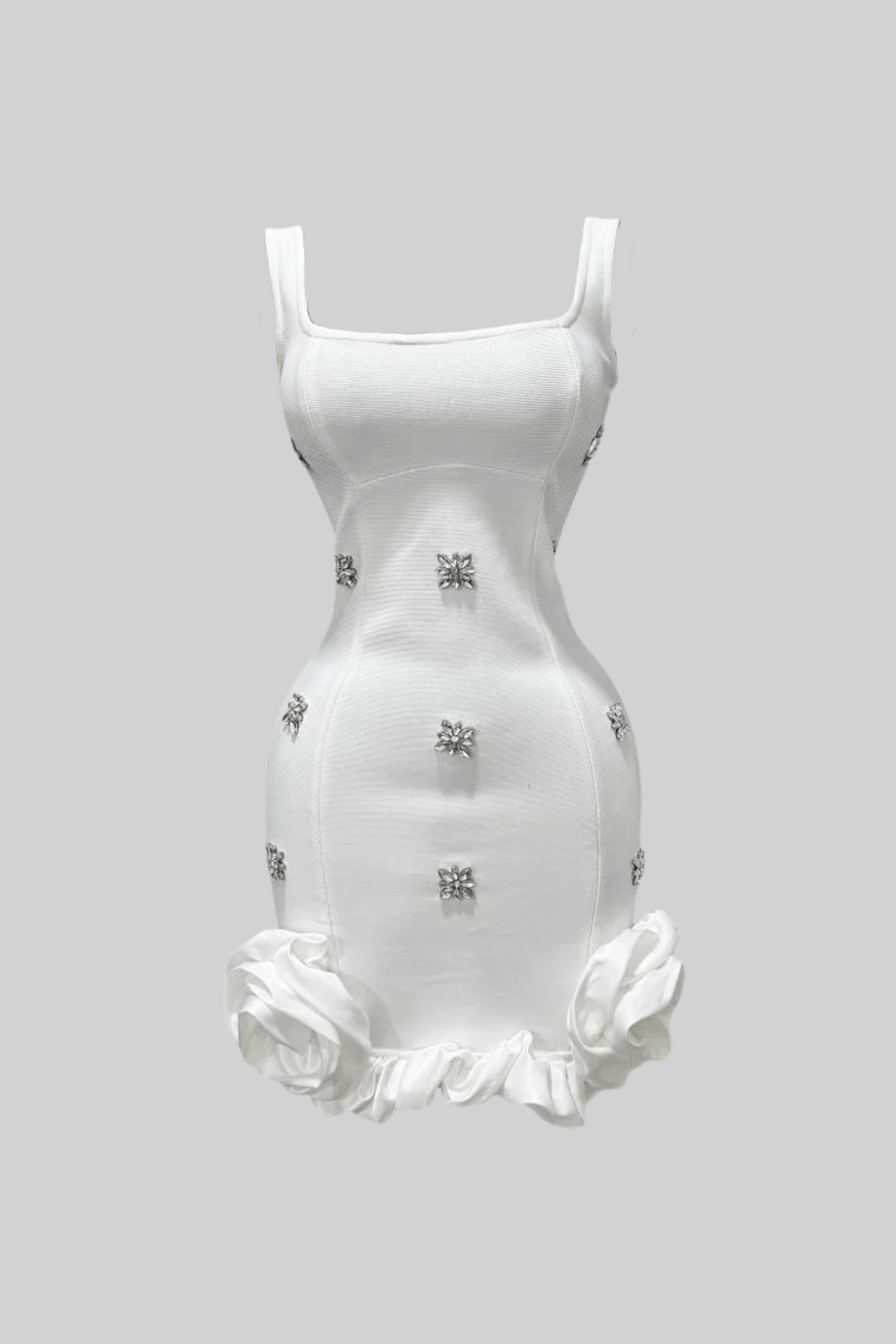 Vestito Mini Bodycon Decorato con Fiori di Cristallo – Bianco