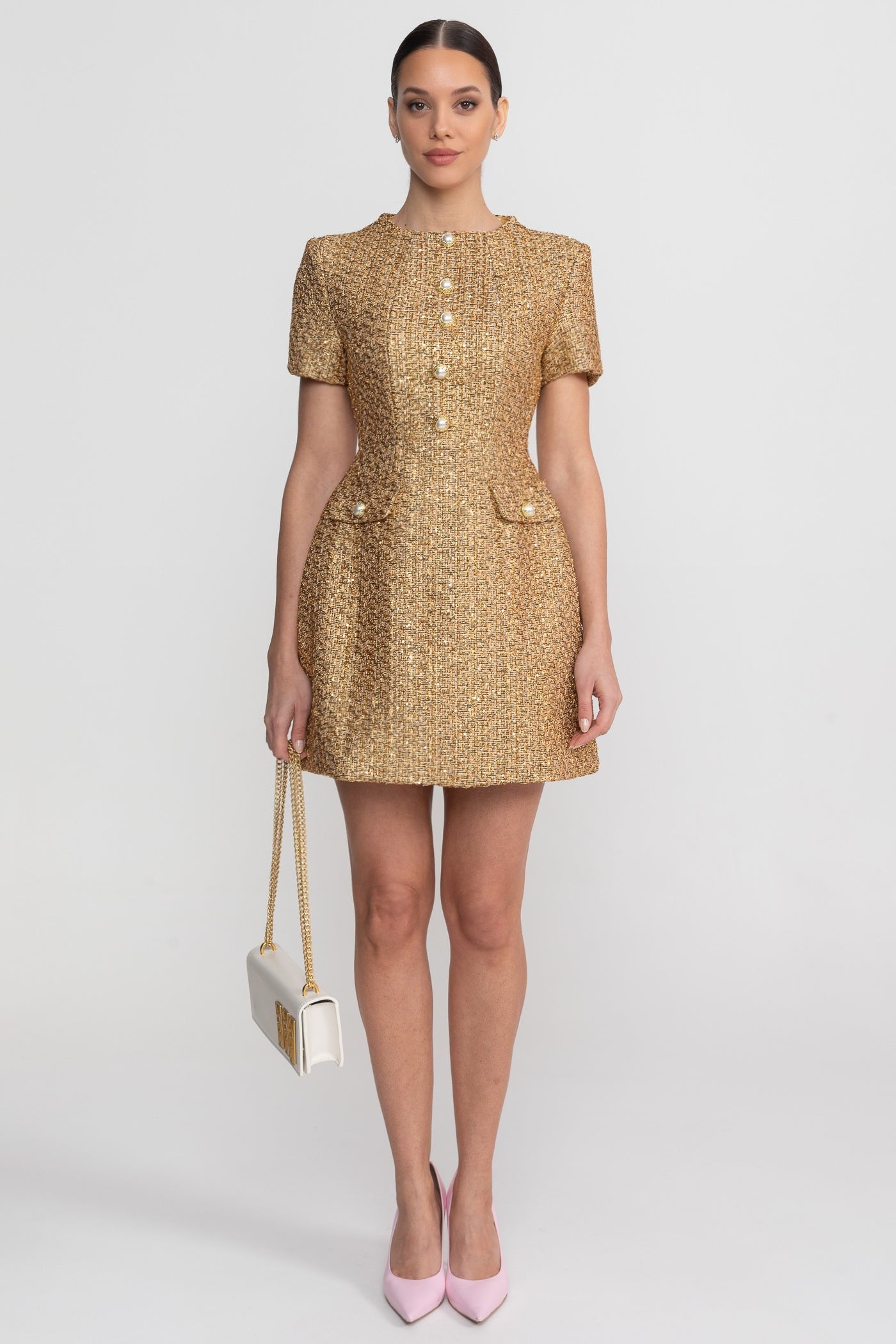 Tweed Mini Dress With Round Neckline And Pearl Button Detail - Gold