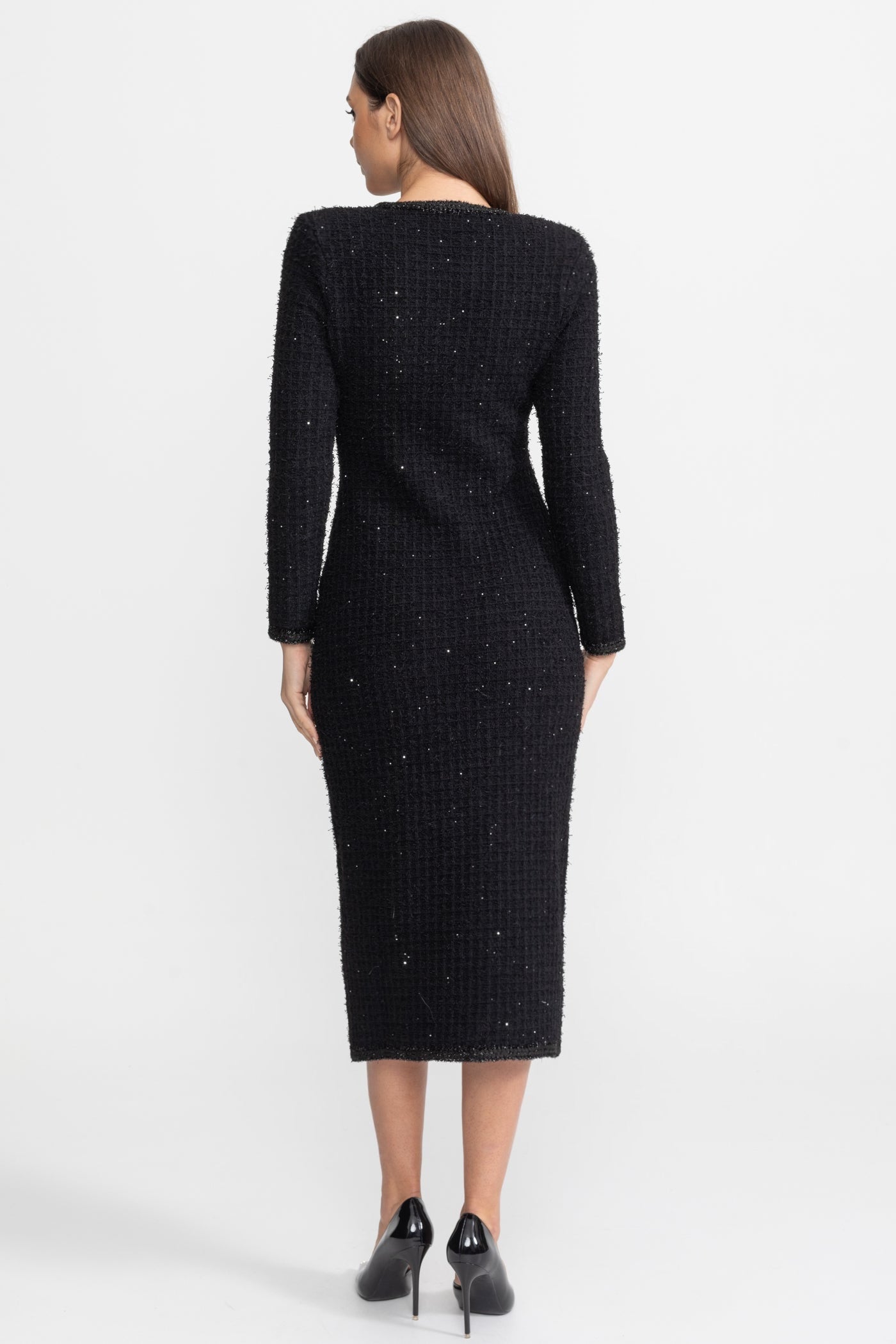 Textured Tweed Midi Dress with Crystal Button Detail – Black