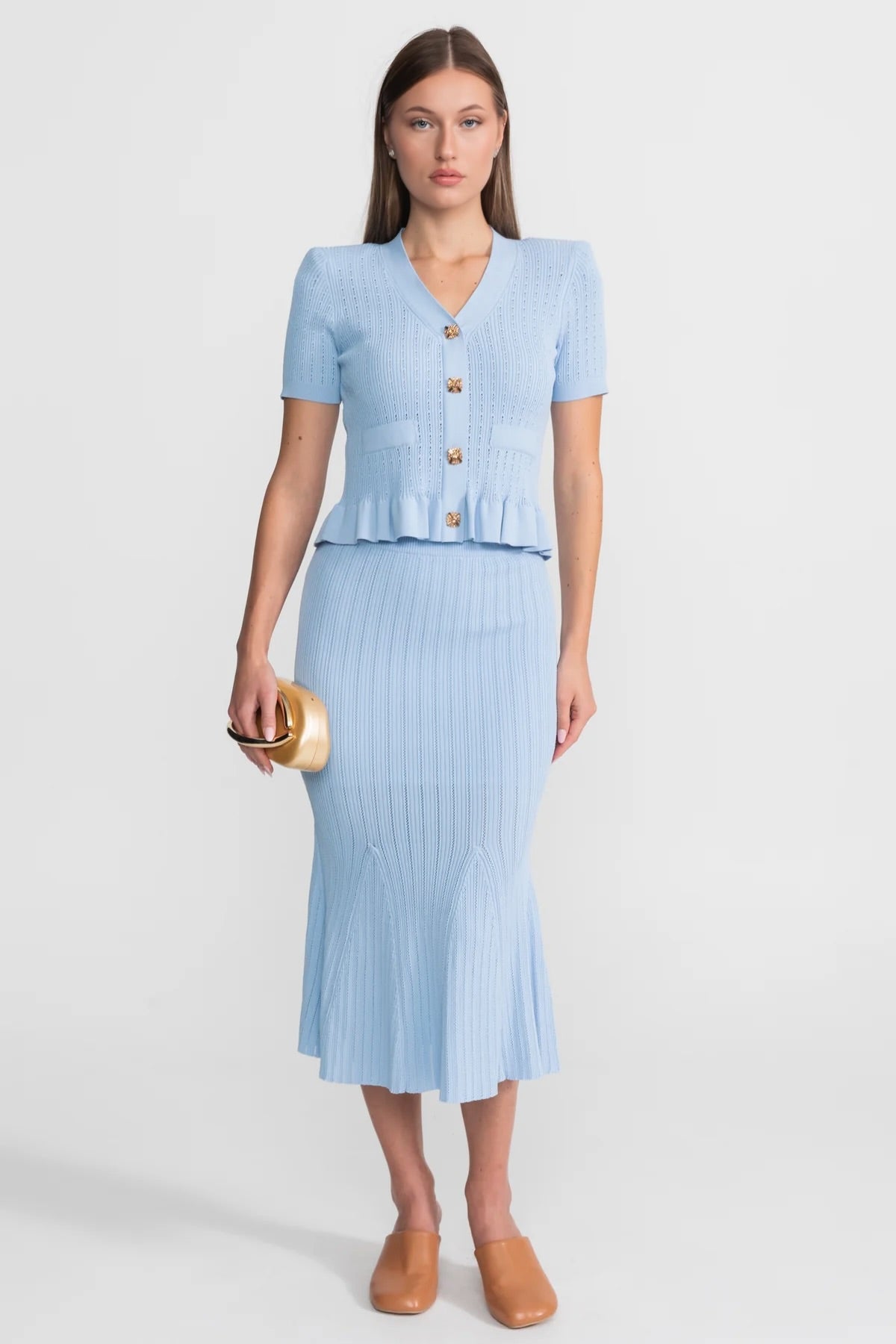 Knit Midi Co-Ord with Peplum Waist and Gold Buttons – Baby Blue
