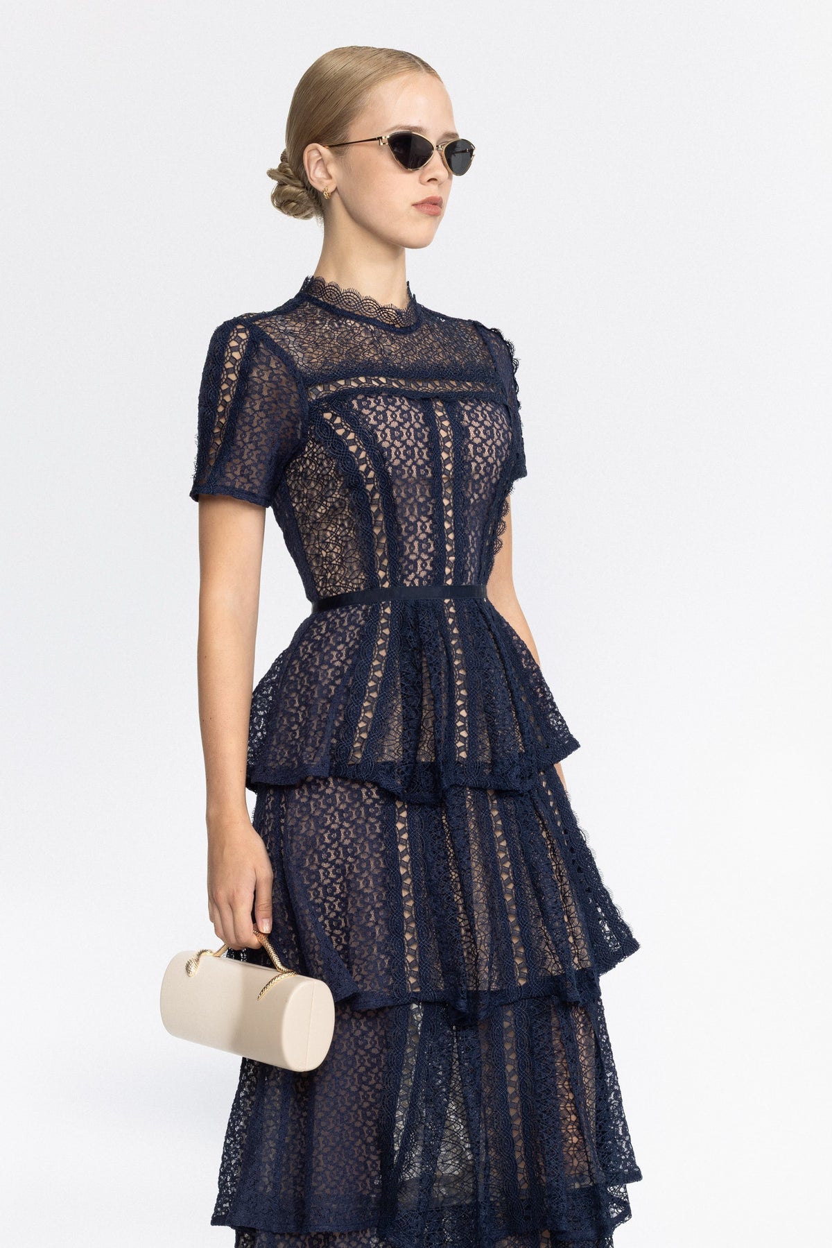 Abito midi a balze in pizzo a pannelli - Navy