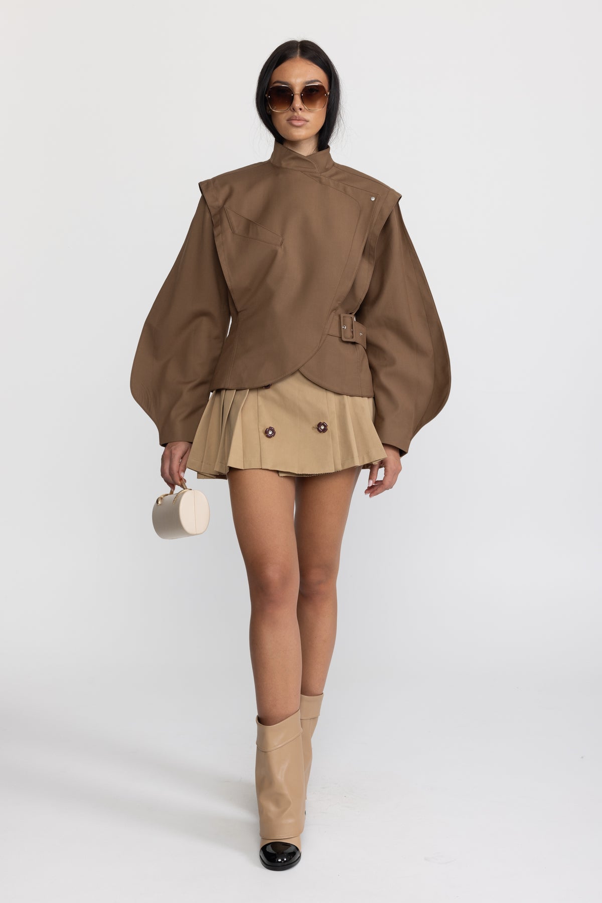 Structured Balloon Sleeve Wrap Jacket - Brown