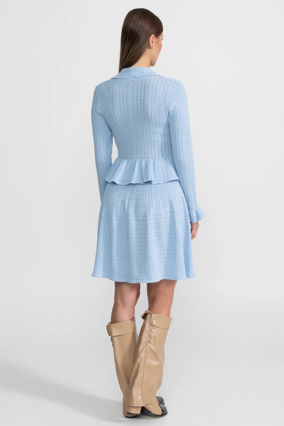Knit Mini Dress with Peplum Waist and Gold Button Detail - Light Blue