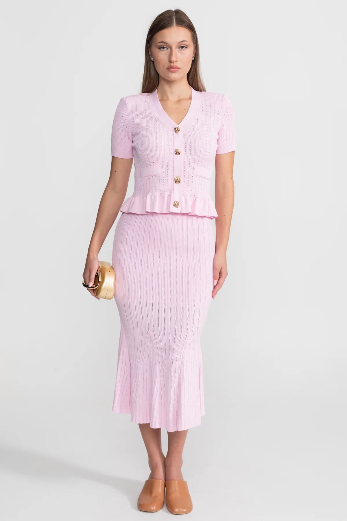 Knit Midi Co-Ord with Peplum Waist and Gold Buttons – Pink