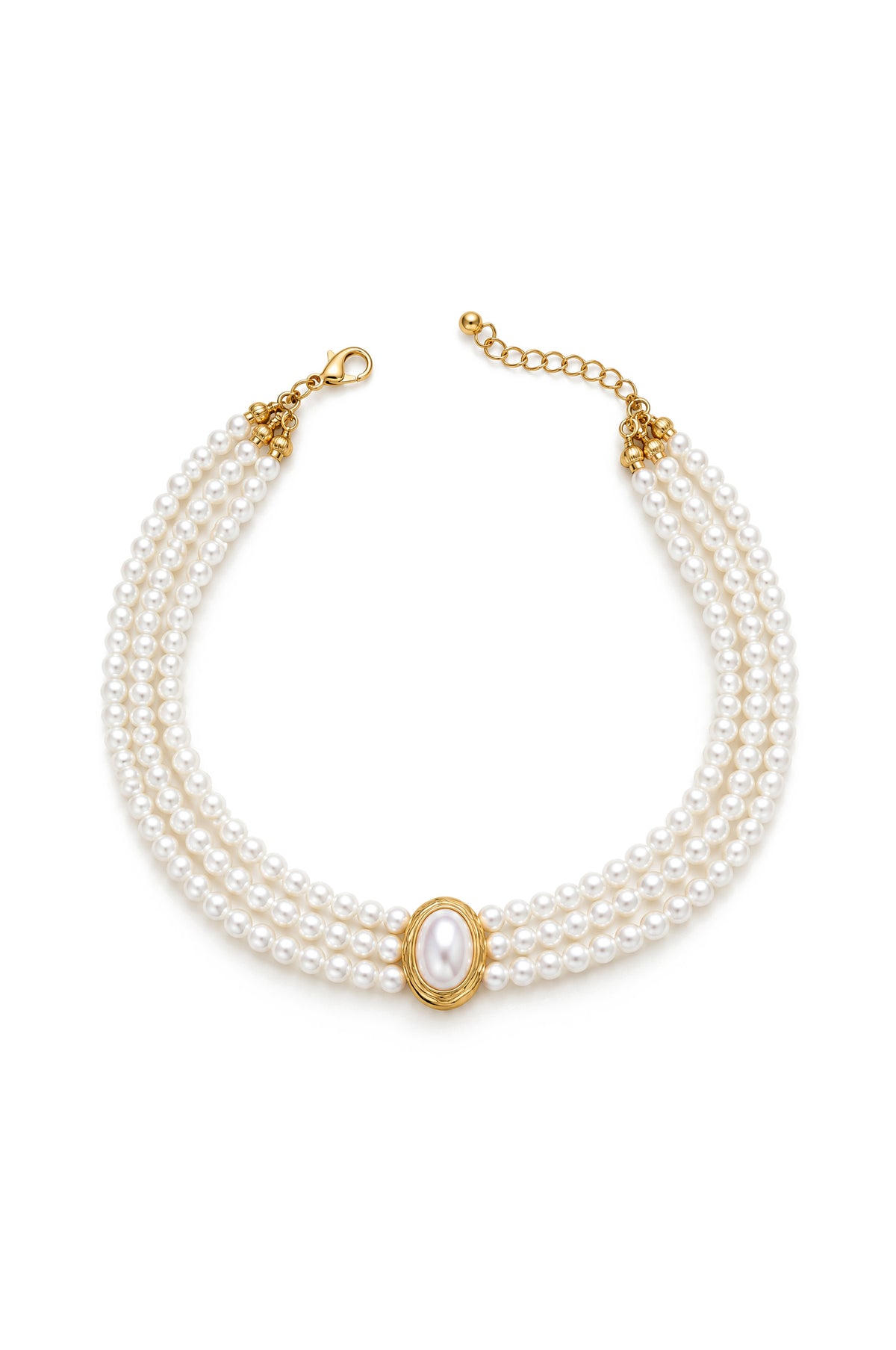 Triple Strand Pearl Choker with Cameo Clasp - White