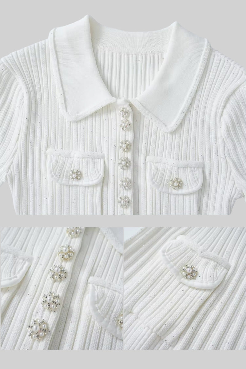 Abito a Clessidra con Maniche Corte e Motivo Diamante - Bianco