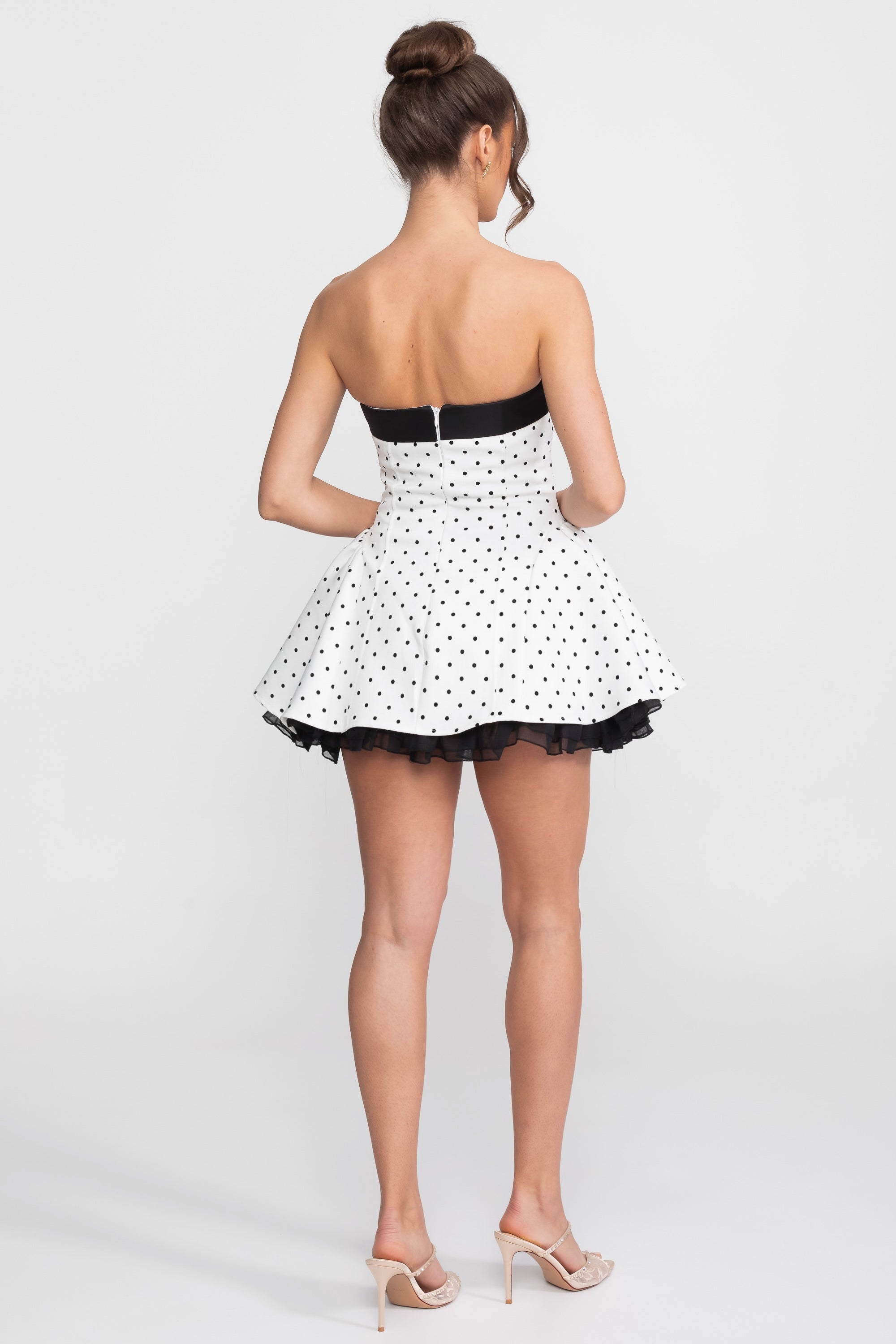 Strapless Velvet Mini Dress With Satin Bow And Ruffle Hem - White