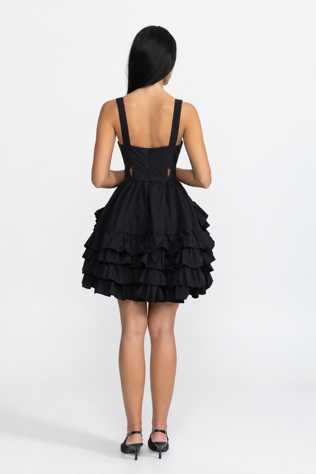 Embroidered Flower Cutout Ruffle Mini Dress - Black