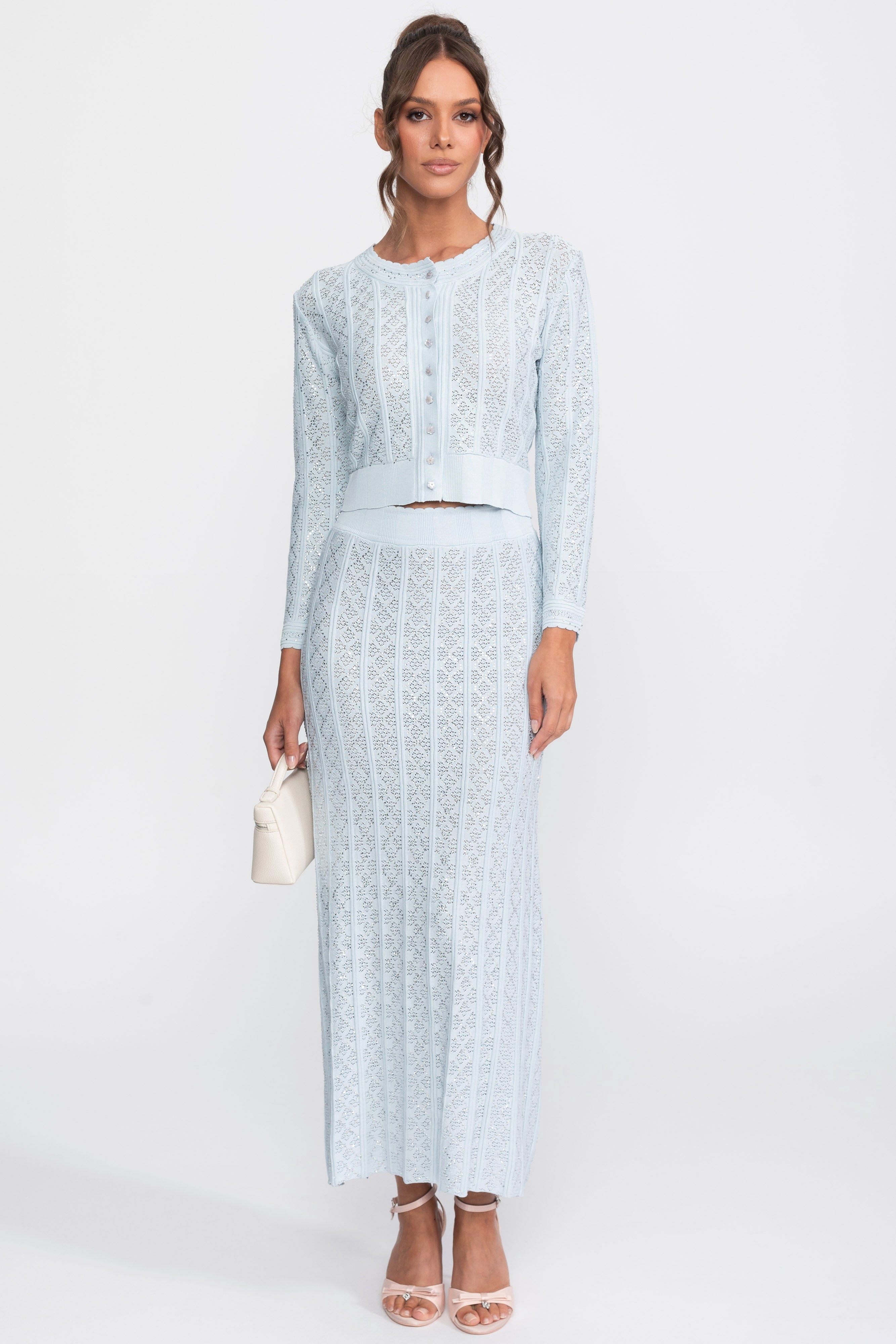 Completo coordinato in maglia con ricami eyelet, cardigan e gonna maxi - Light Blue