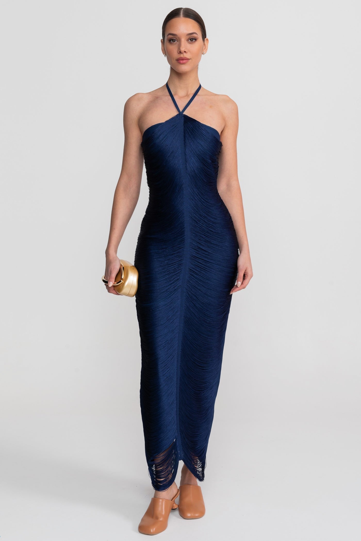 Abito Midi con Collo a Halter e Texture Plissettata su Tutto il Tessuto - Blue