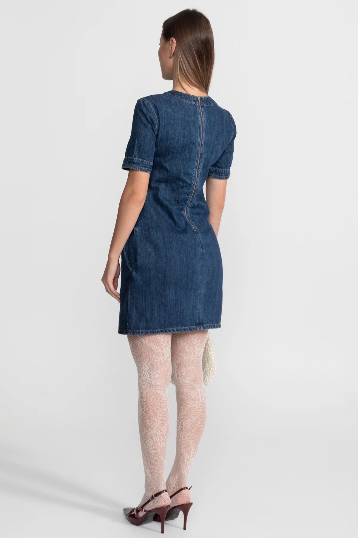 Mini abito in denim impreziosito da fiocchi scintillanti – Blu scuro