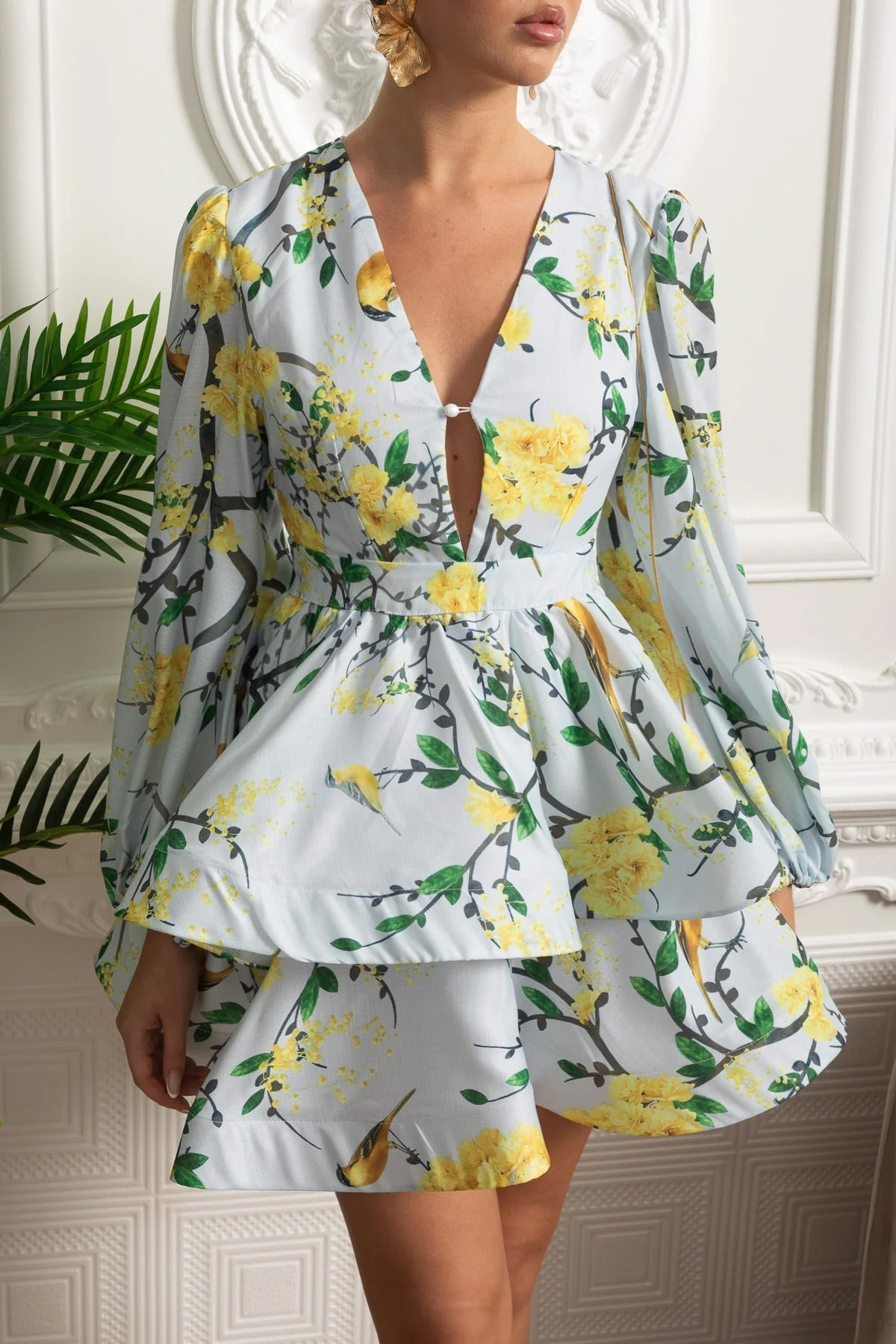 Floral Romantic Mini Dress With Voluminous Sleeves And Peplum Detail - Sky Blue