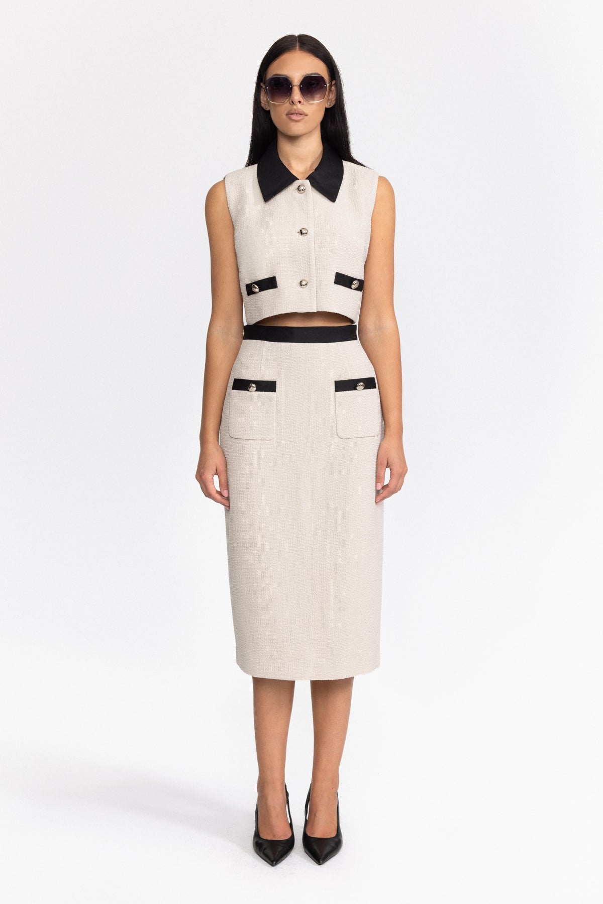 Set con top cropped in tweed con colletto a contrasto e gonna midi - Bianco panna