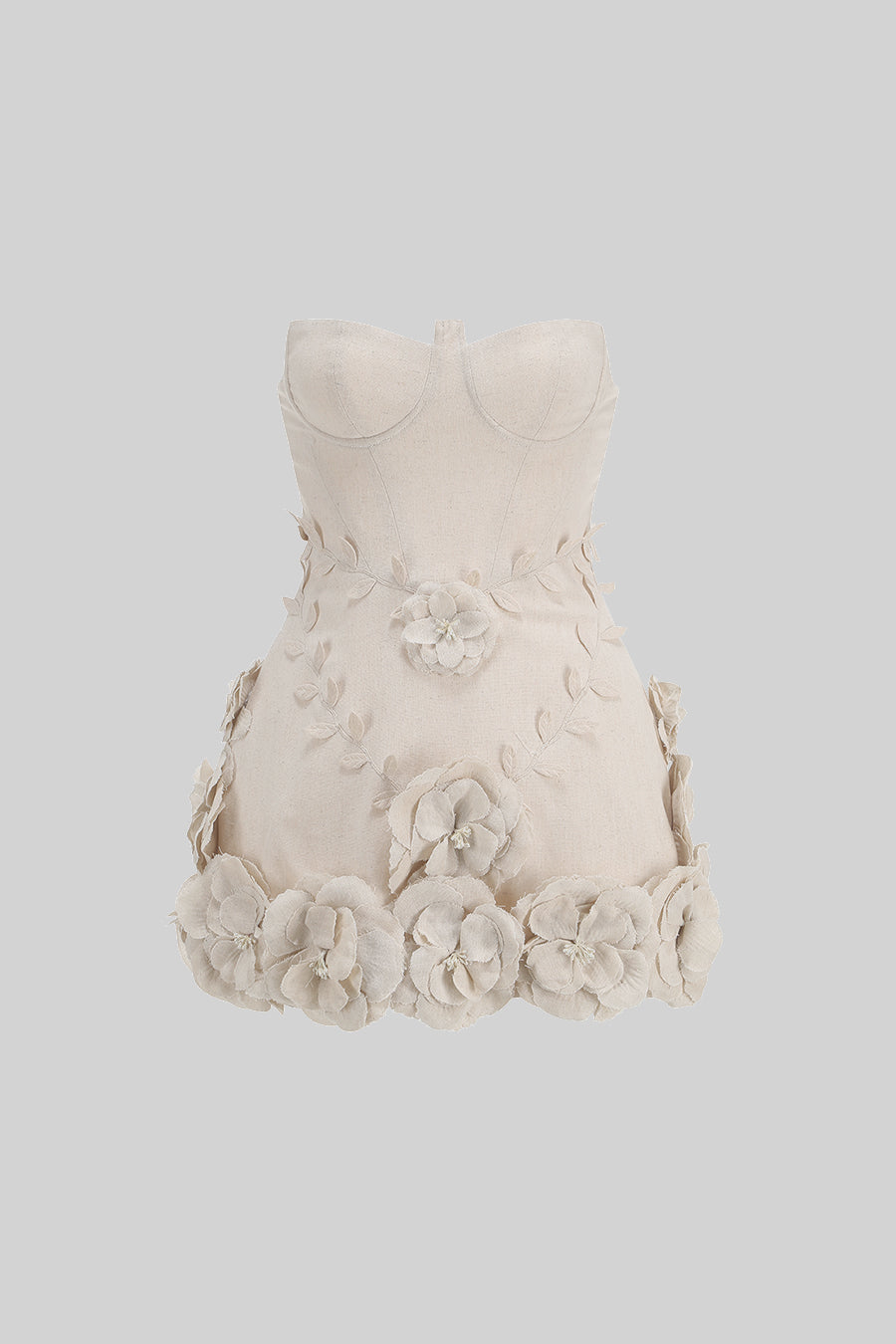 Abito Bustier con Applicazioni Floreali 3D - Ivoire