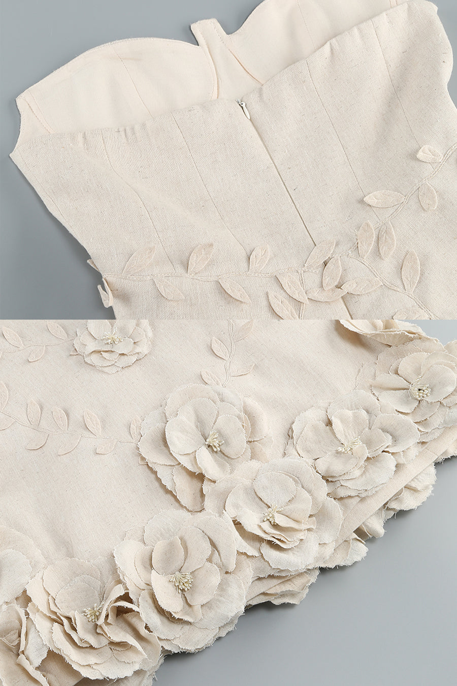 Abito Bustier con Applicazioni Floreali 3D - Ivoire