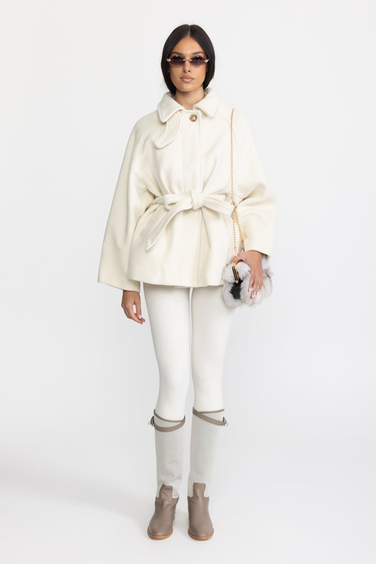 Giacca swing in lana e cashmere con cintura - Ivoire