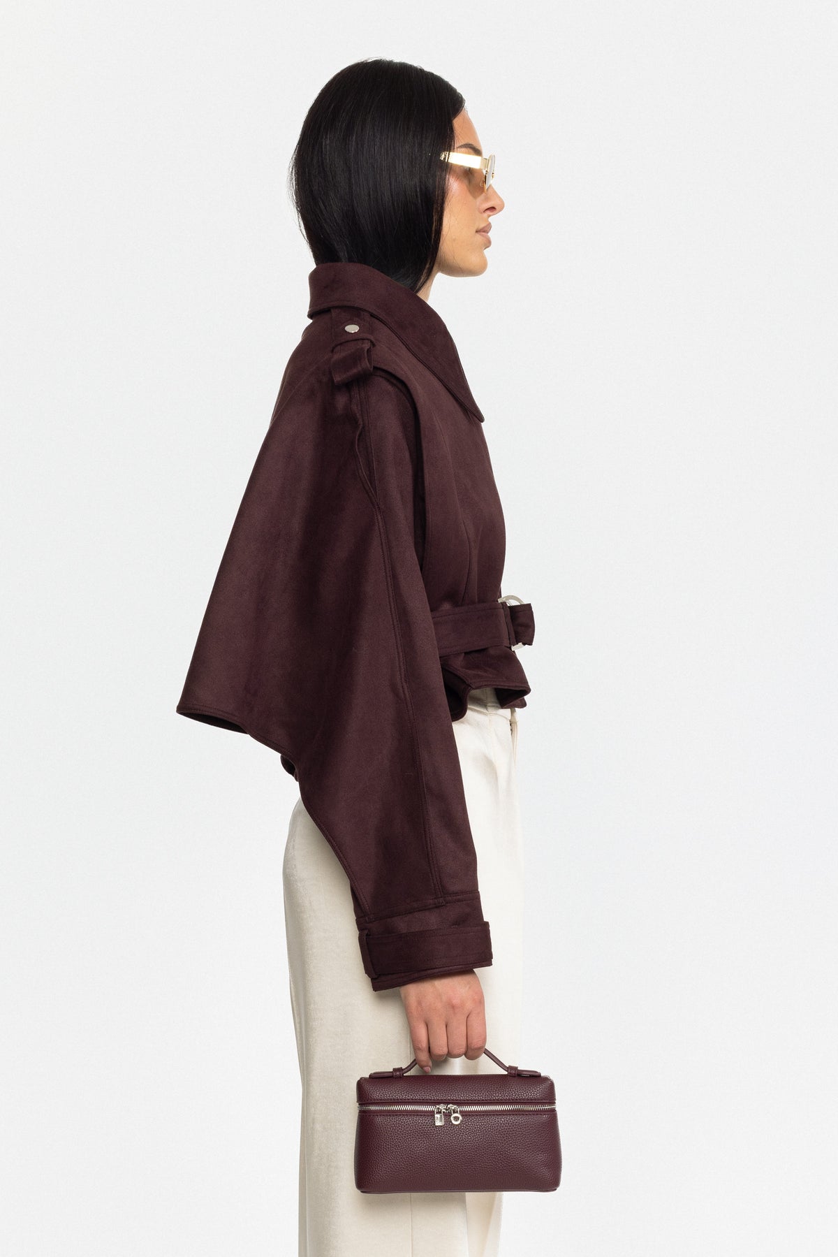 Giacca mantella in suede con cintura - Burgundy