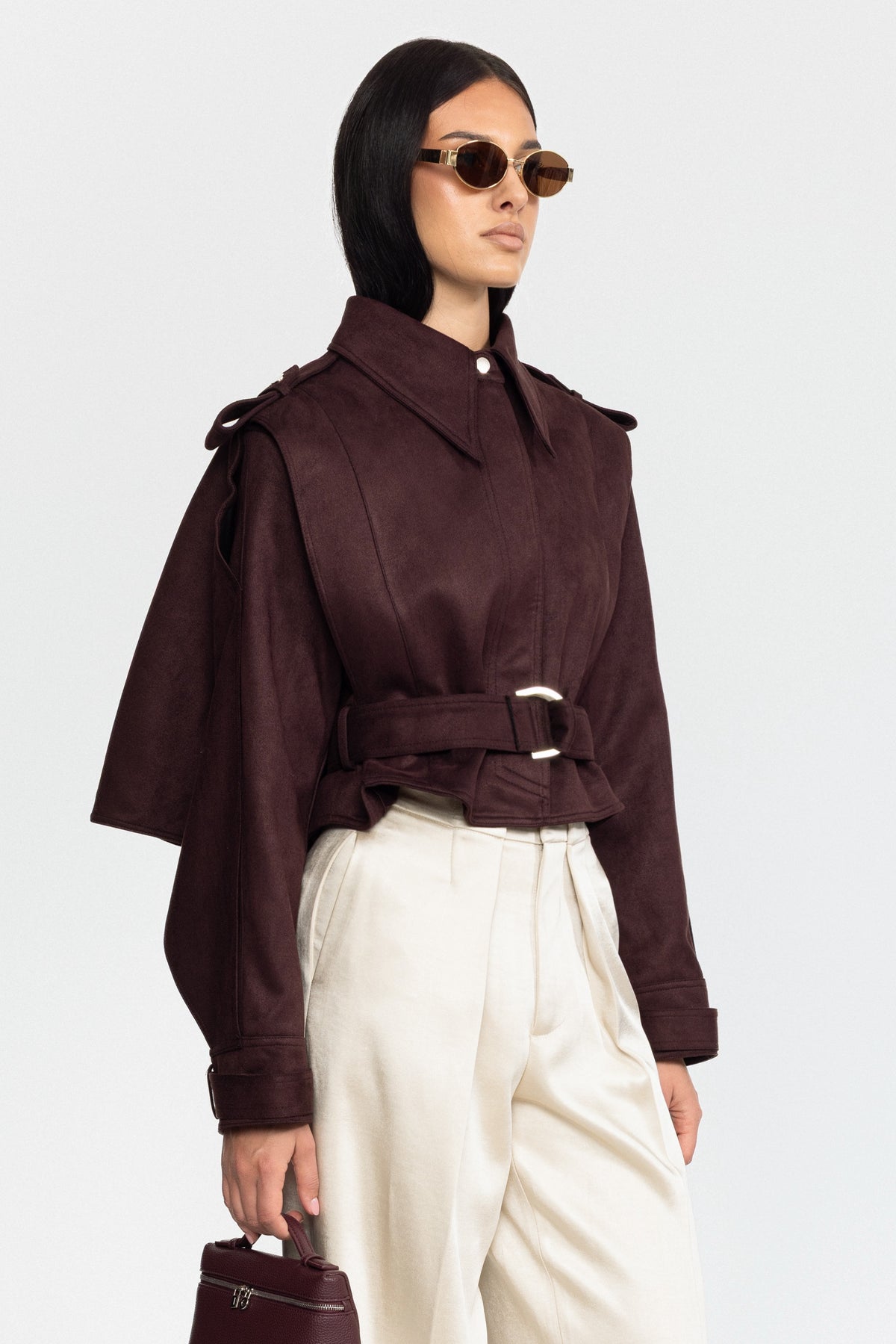 Giacca mantella in suede con cintura - Burgundy