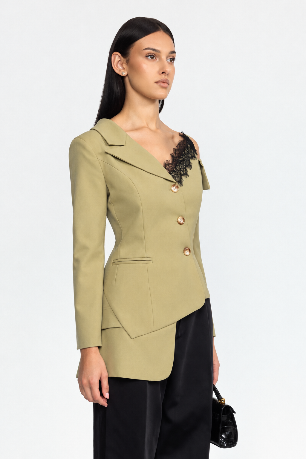 Blazer asimmetrico con spalle scoperte e profili in pizzo - Khaki