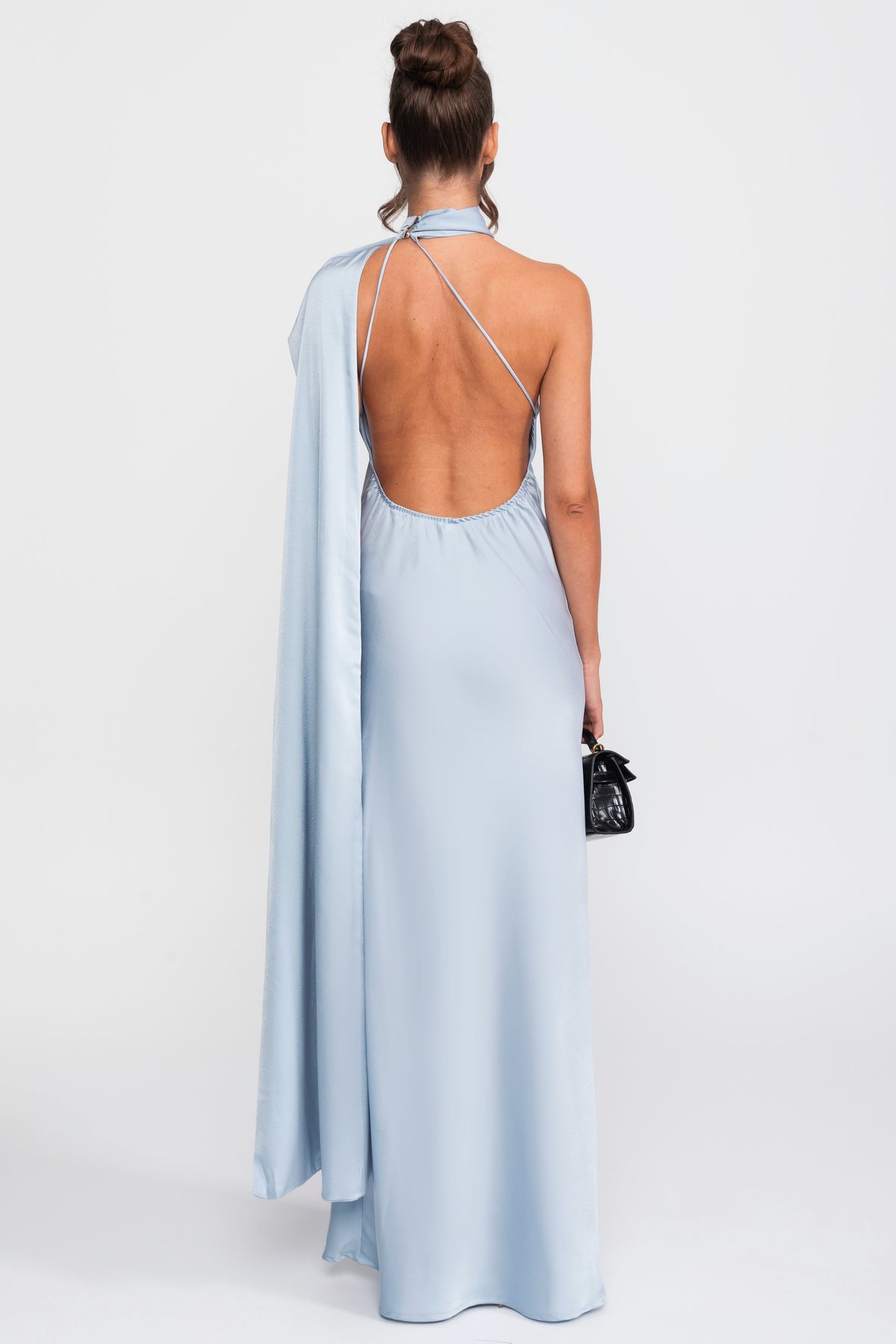 Twist Halter Satin Slip Dress With Asymmetric Neckline - Blue