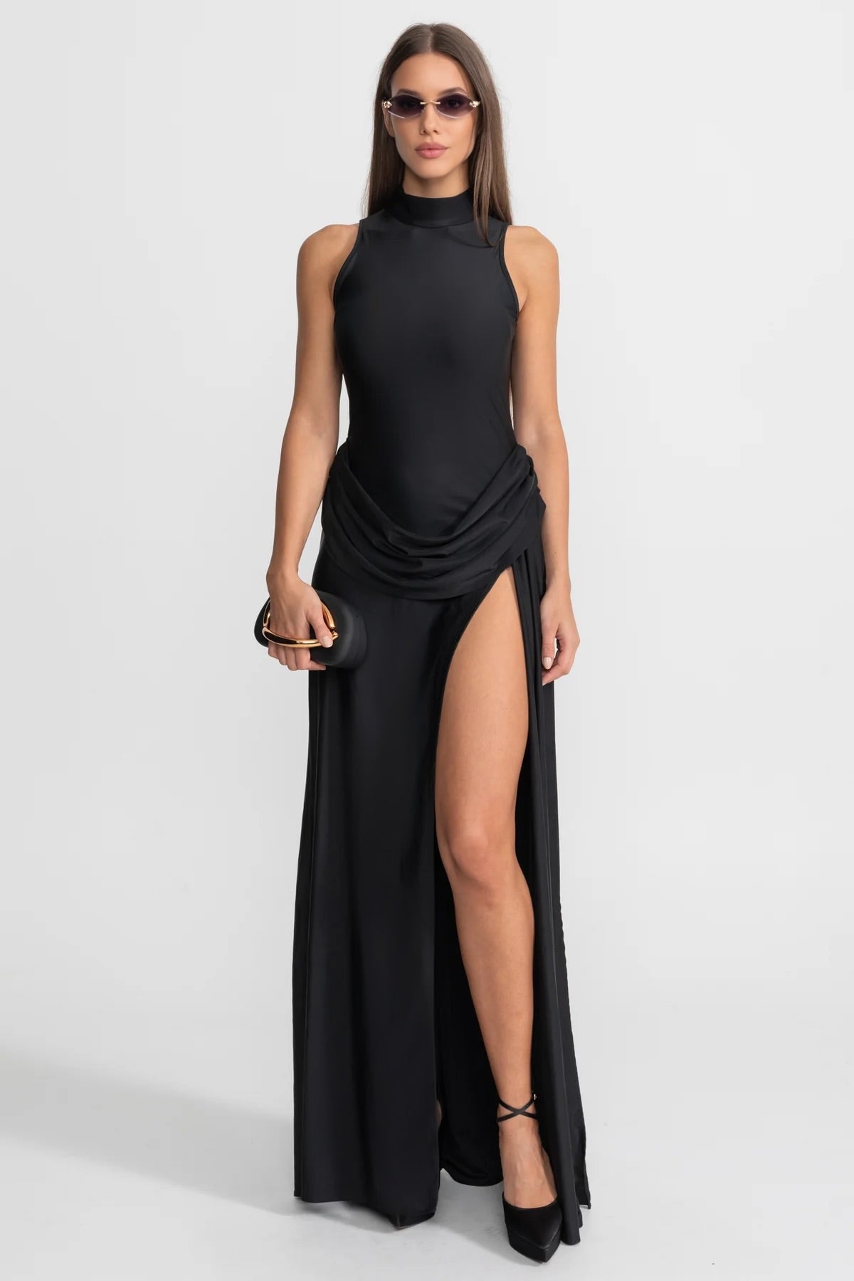 Sleeveless Maxi Dress with Draped Waist and Side Slit - Black