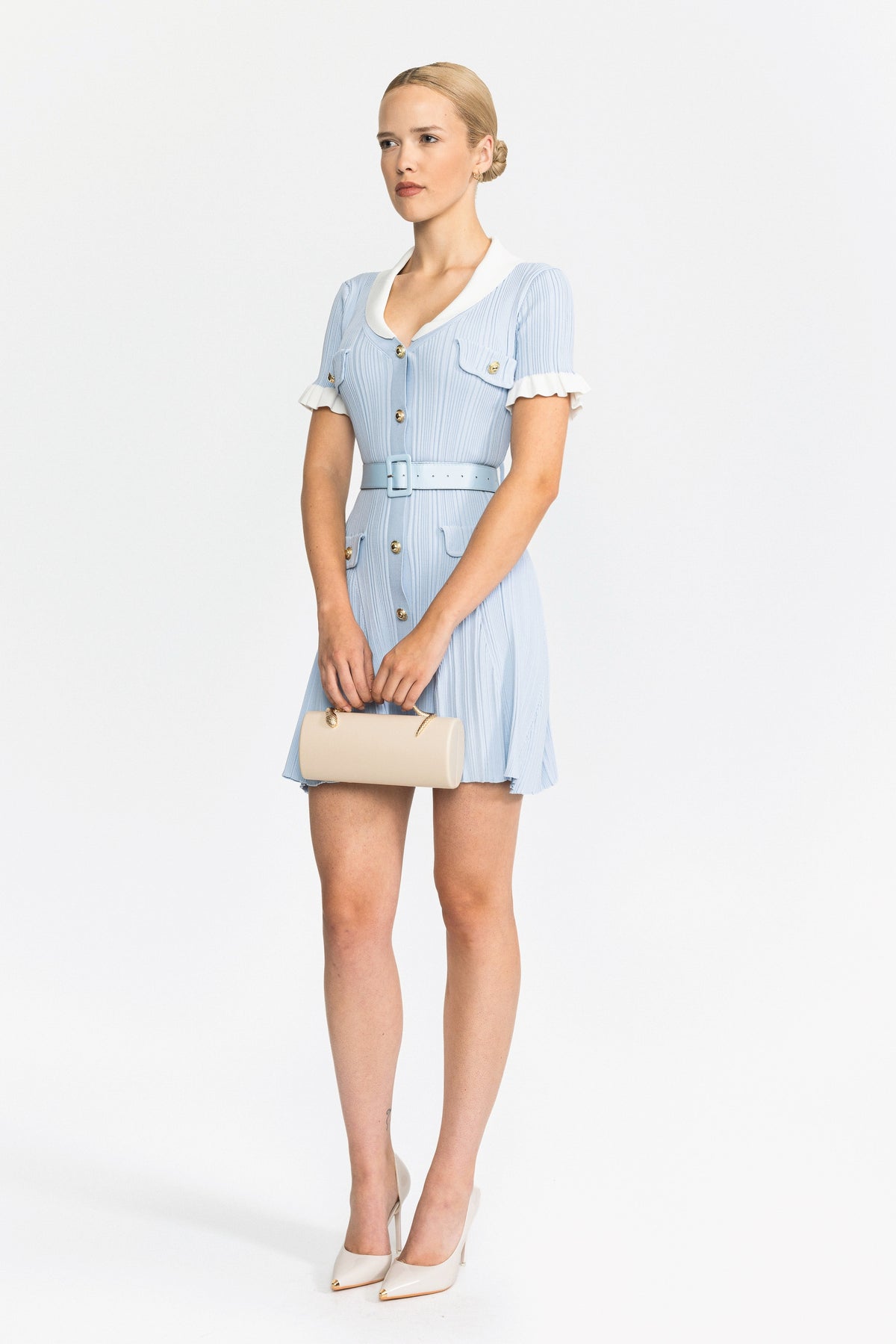 Mini abito in maglia a coste con colletto a contrasto e cintura - Azzurro chiaro