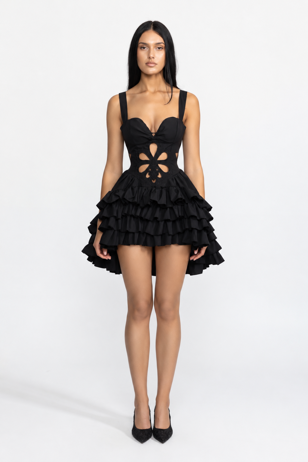 Embroidered Flower Cutout Ruffle Mini Dress - Black
