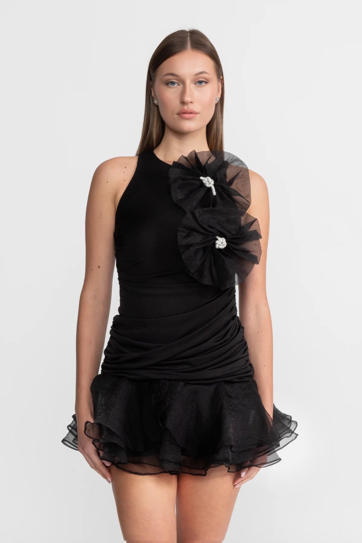 Ruffled Mini Dress with Tulle Appliqué – Black