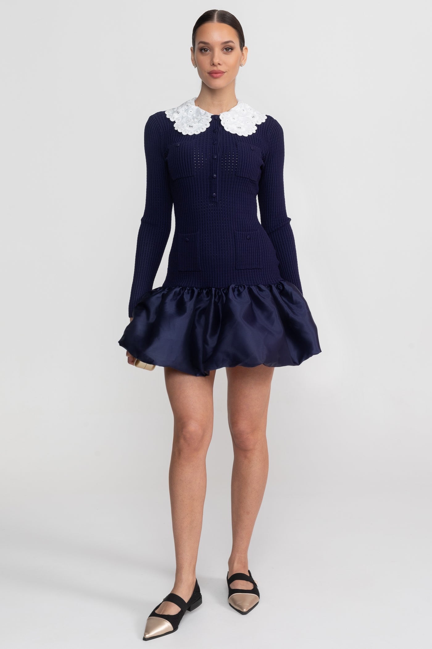 Abito Mini in Maglia a Maniche Lunghe con Colletto in Broderie - Navy
