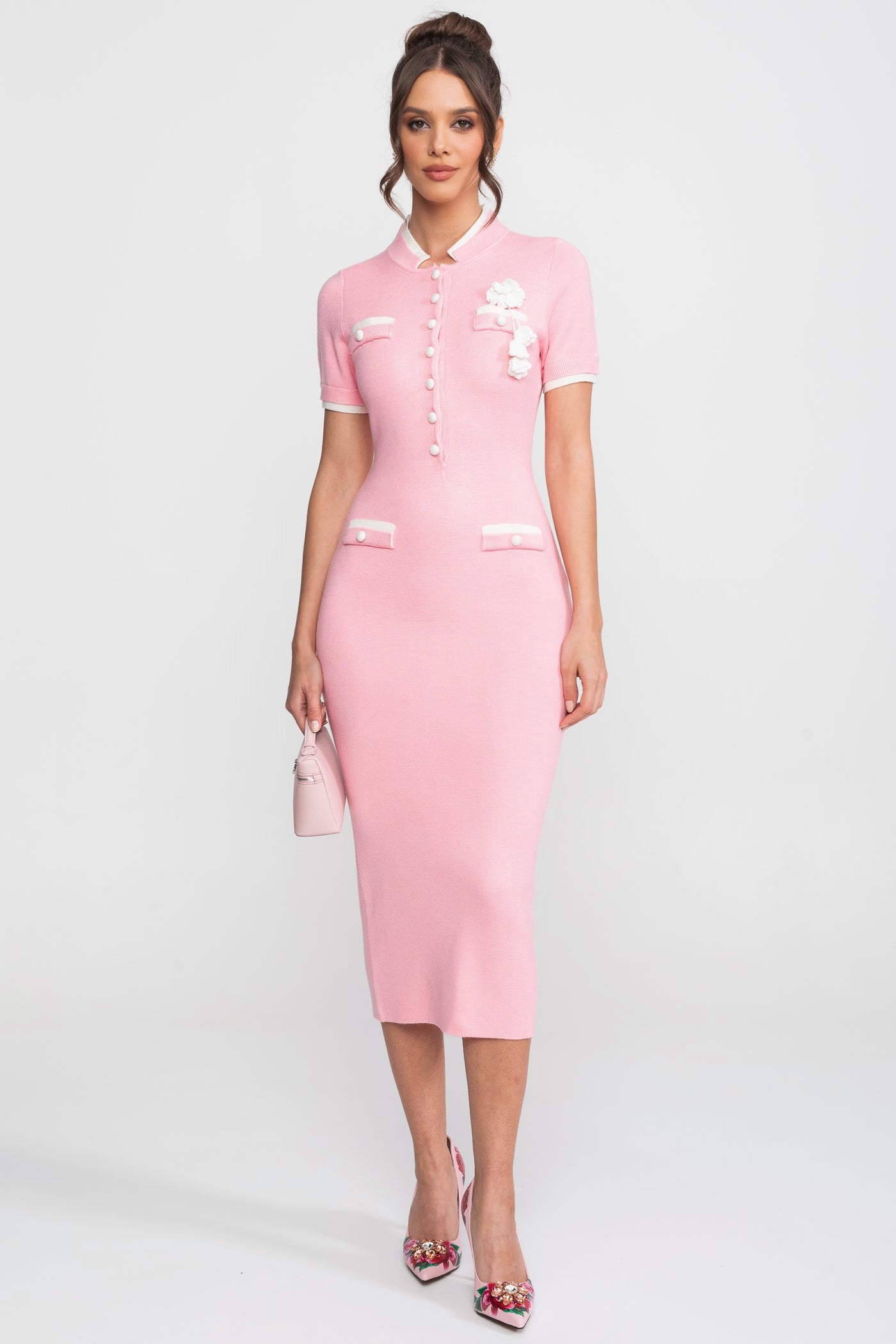Abito Midi in Maglia a Coste con Profili a Contrasto e Tasche Decorative - Pink
