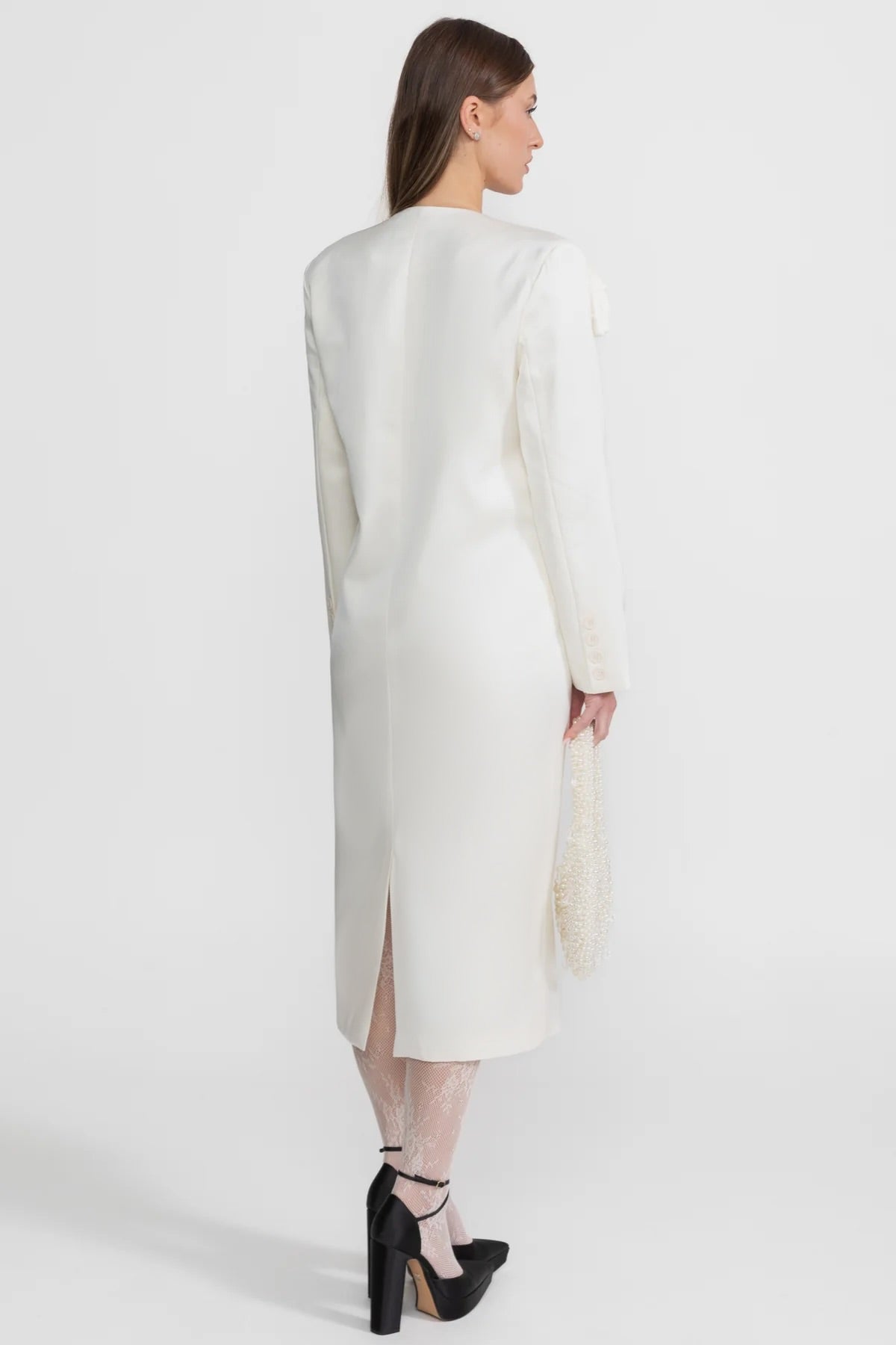 Abito Blazer in Raso con Decorazioni Rose – Ivoire