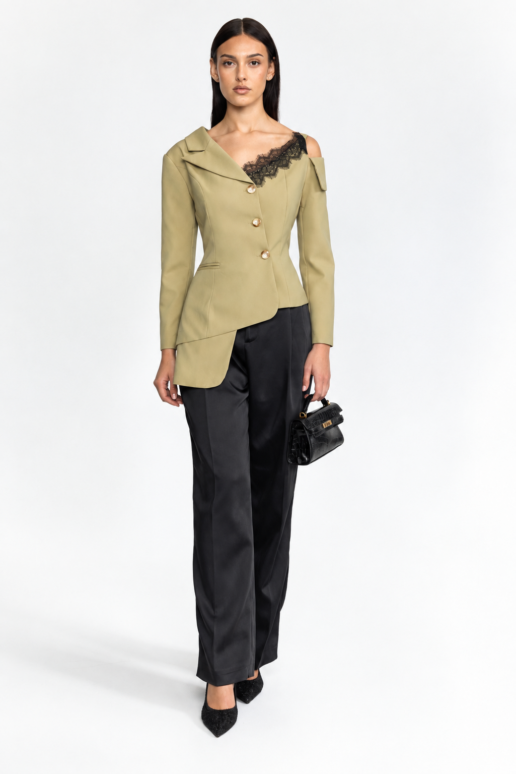 Blazer asimmetrico con spalle scoperte e profili in pizzo - Khaki